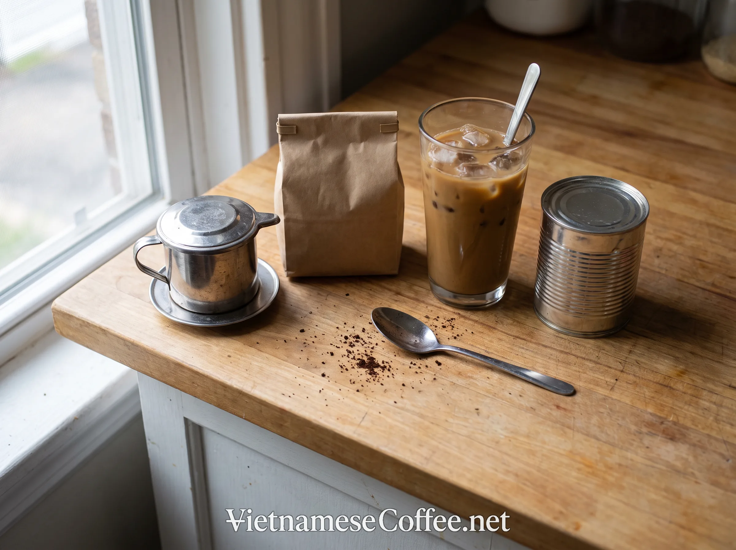A Vietnamese phin, coffee grounds, and condensed milk on an Australian kitchen counter