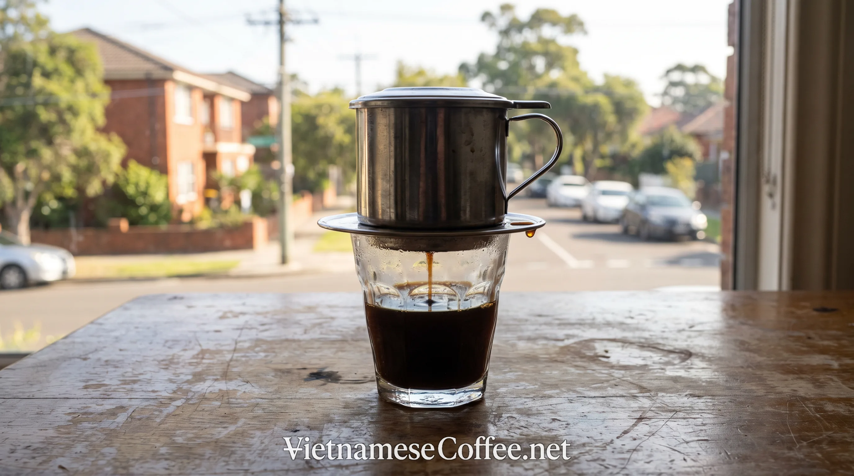 Vietnamese phin coffee brewing at an Australian neighbourhood cafe