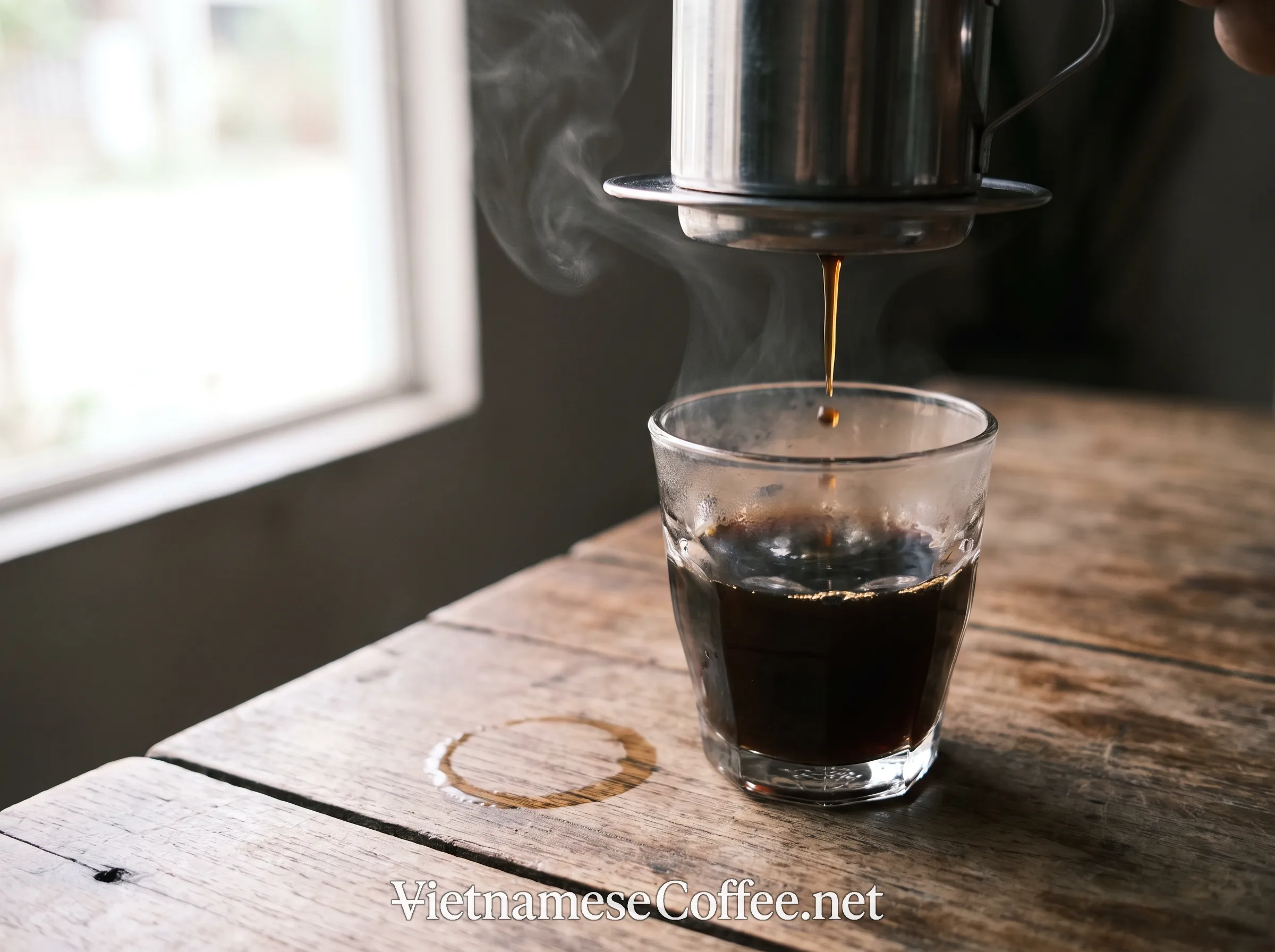 Coffee blooming and dripping slowly through a phin filter