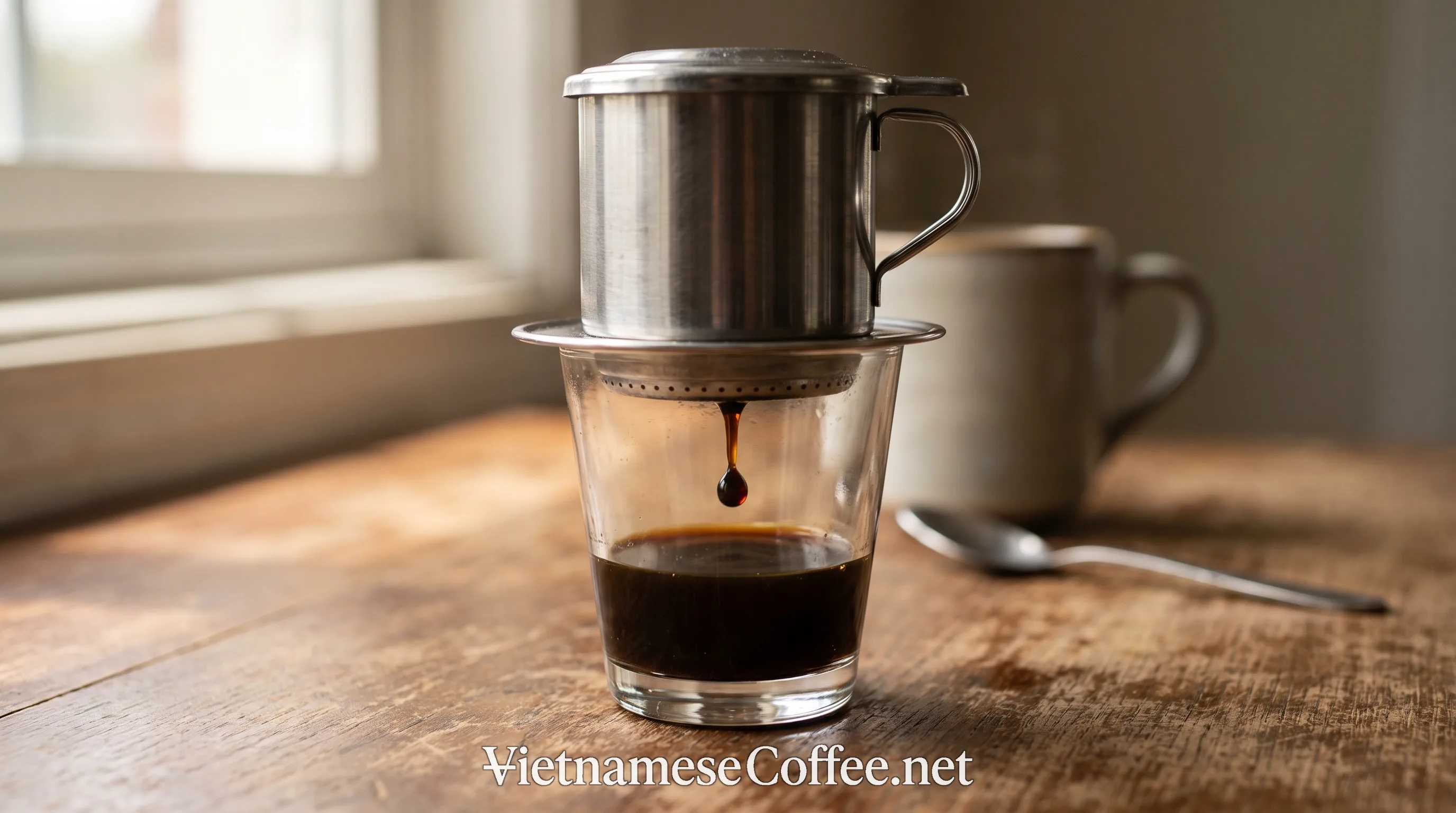 A small glass of strong Vietnamese black coffee dripping from a phin filter