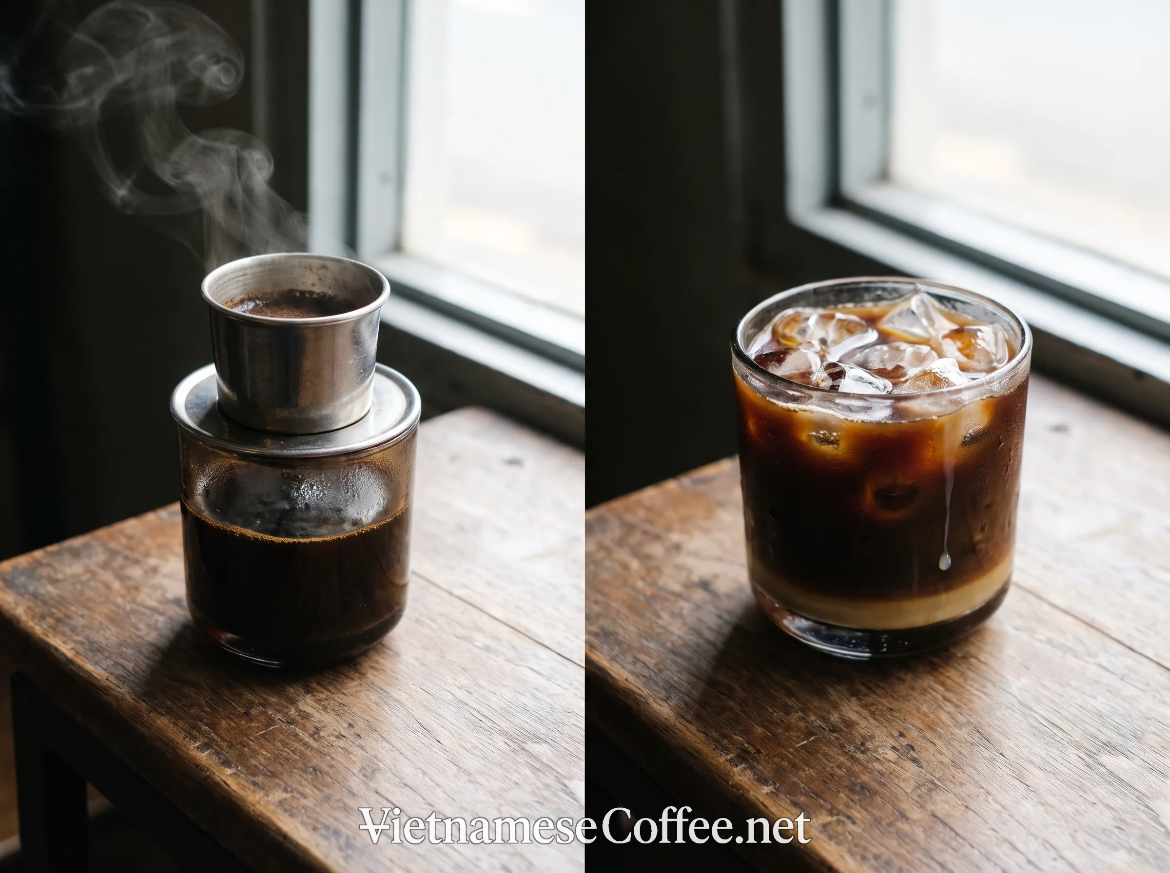 Two glasses of Vietnamese black coffee, one hot and one poured over ice