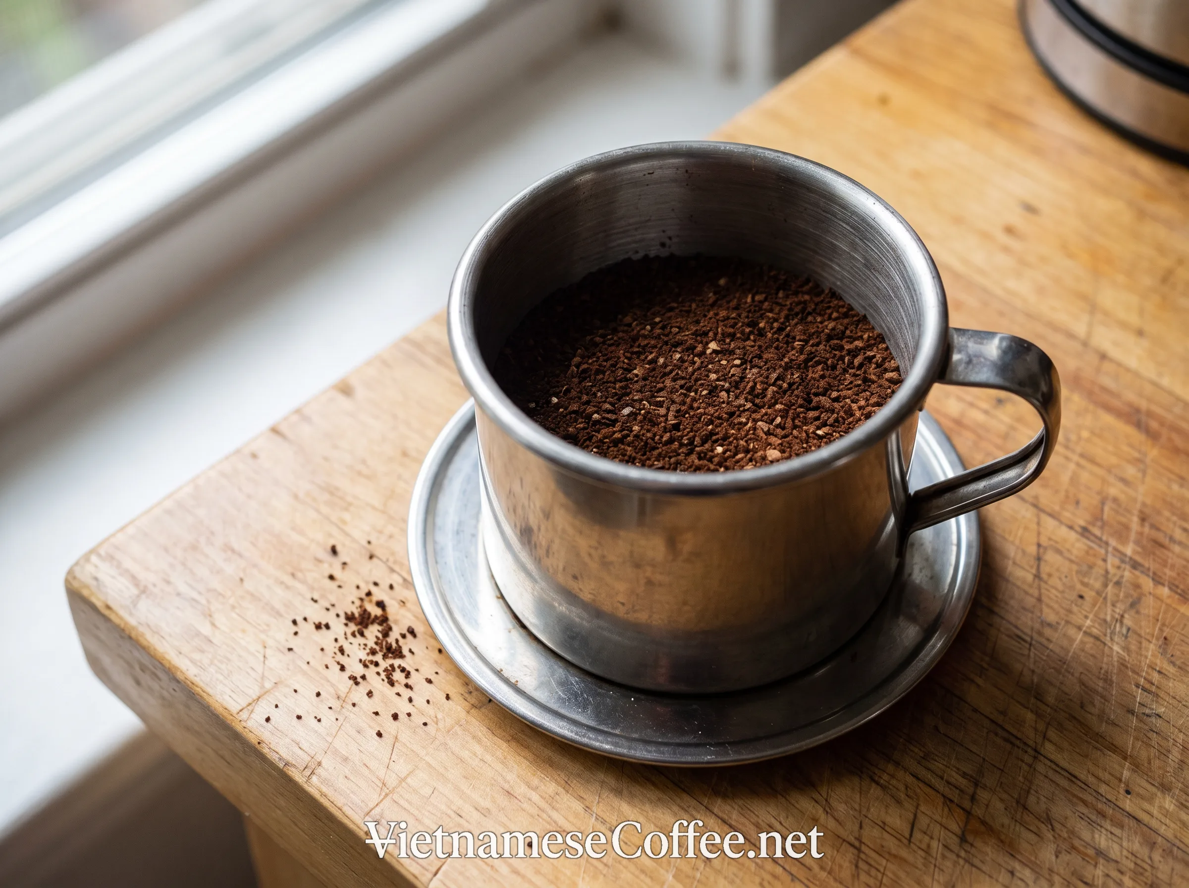 Ground coffee leveled in a phin filter chamber before brewing