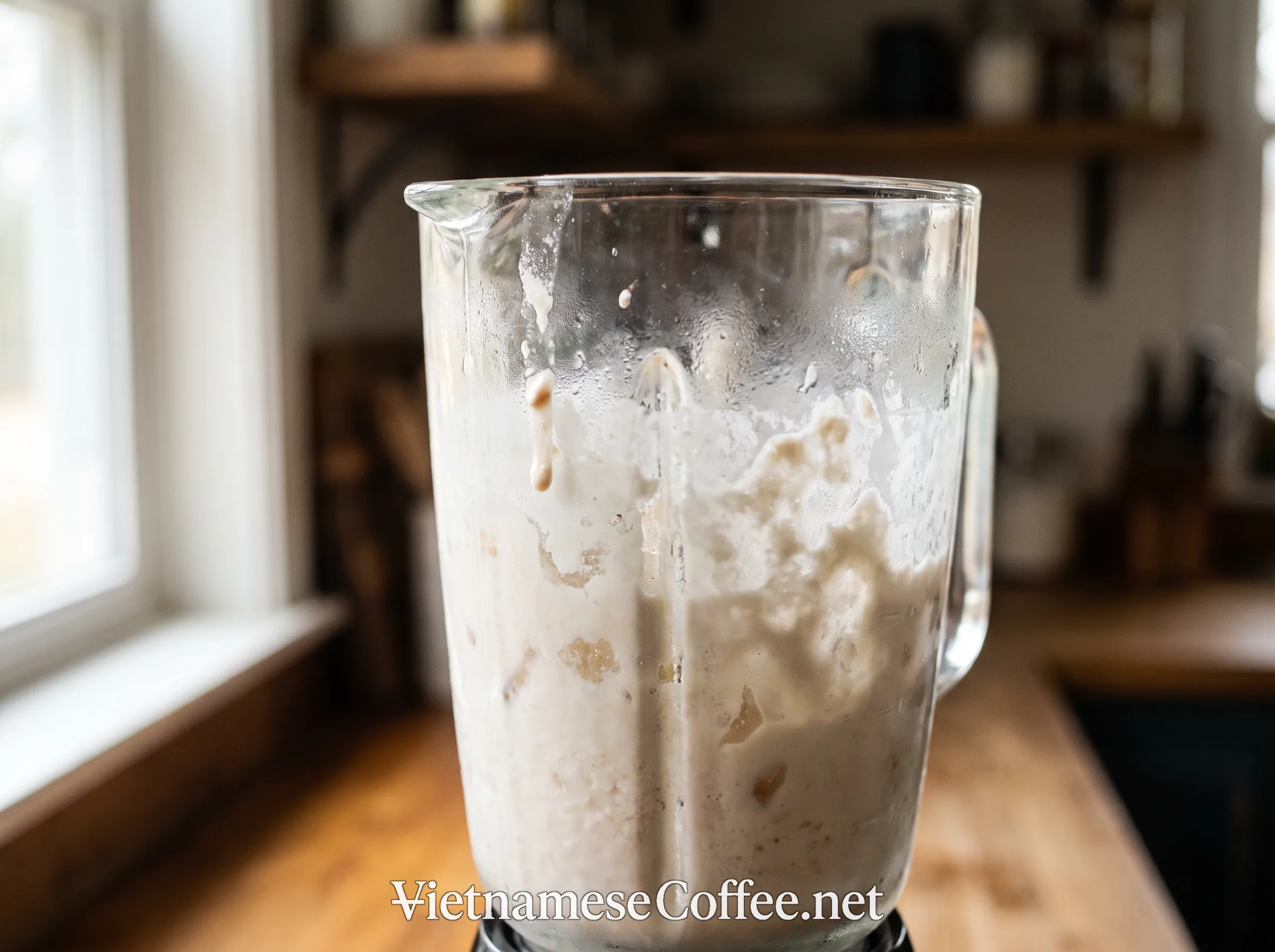 A blender filled with pale coconut cream, condensed milk, and ice