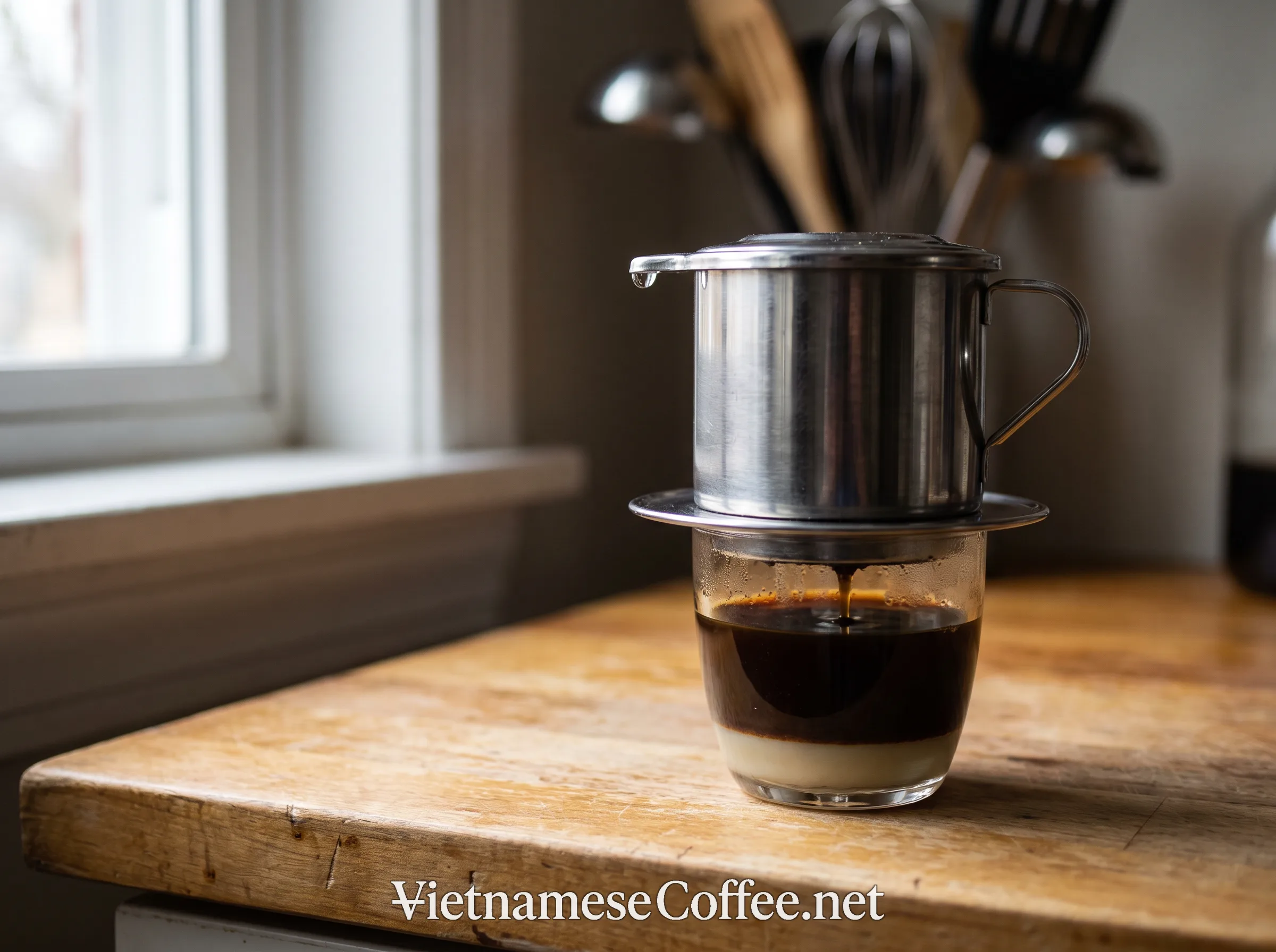 A phin filter dripping strong dark coffee into a small cup