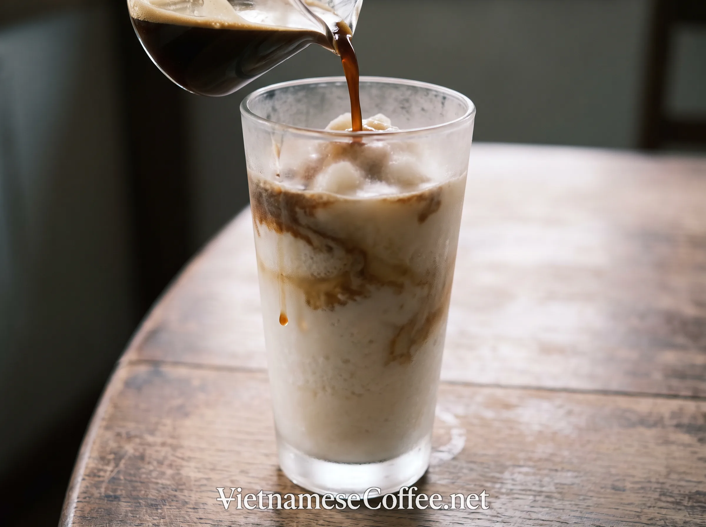 Dark coffee being poured over blended coconut slush in a tall glass