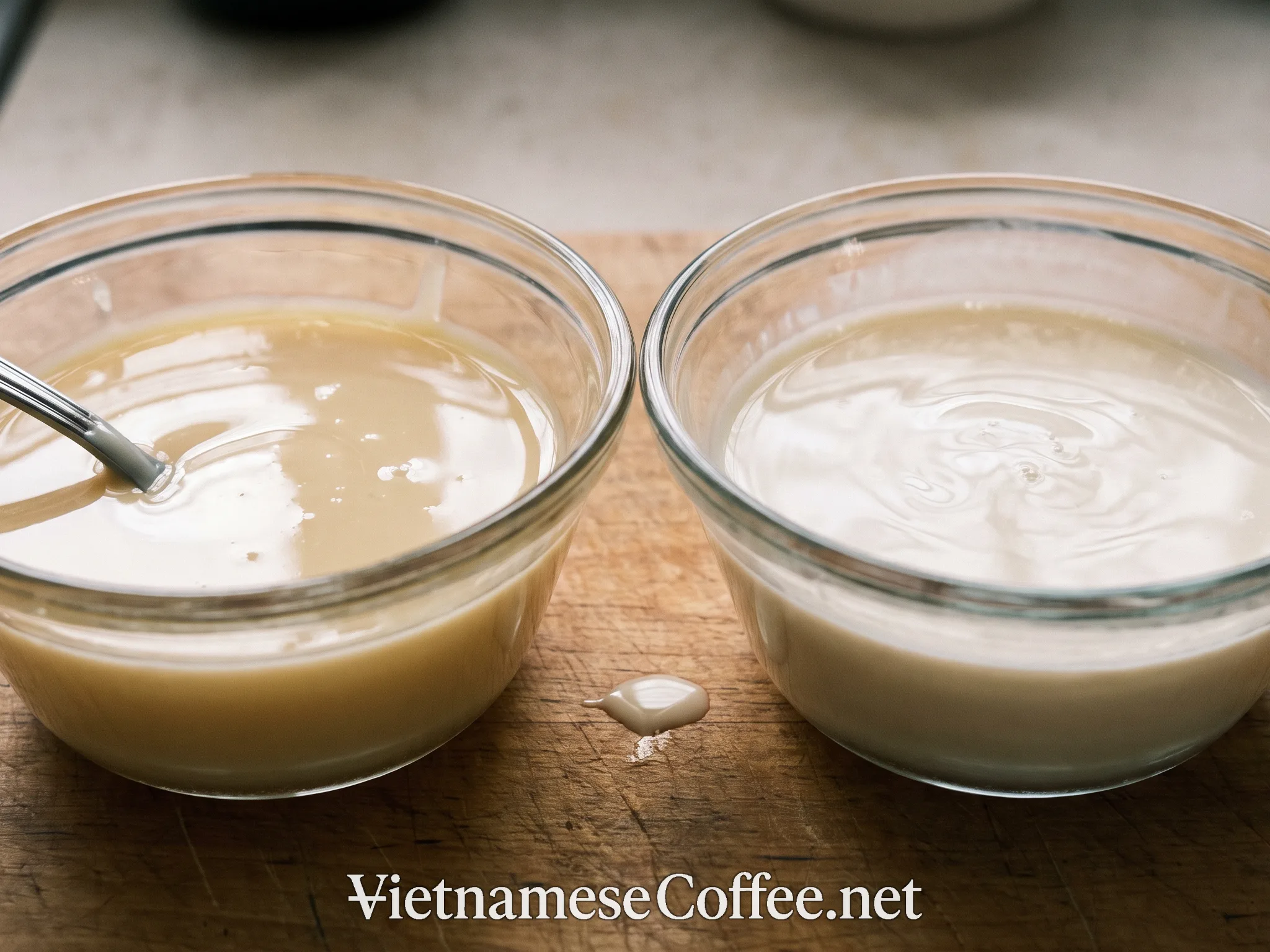 A comparison of thick condensed milk and thinner evaporated milk in small bowls