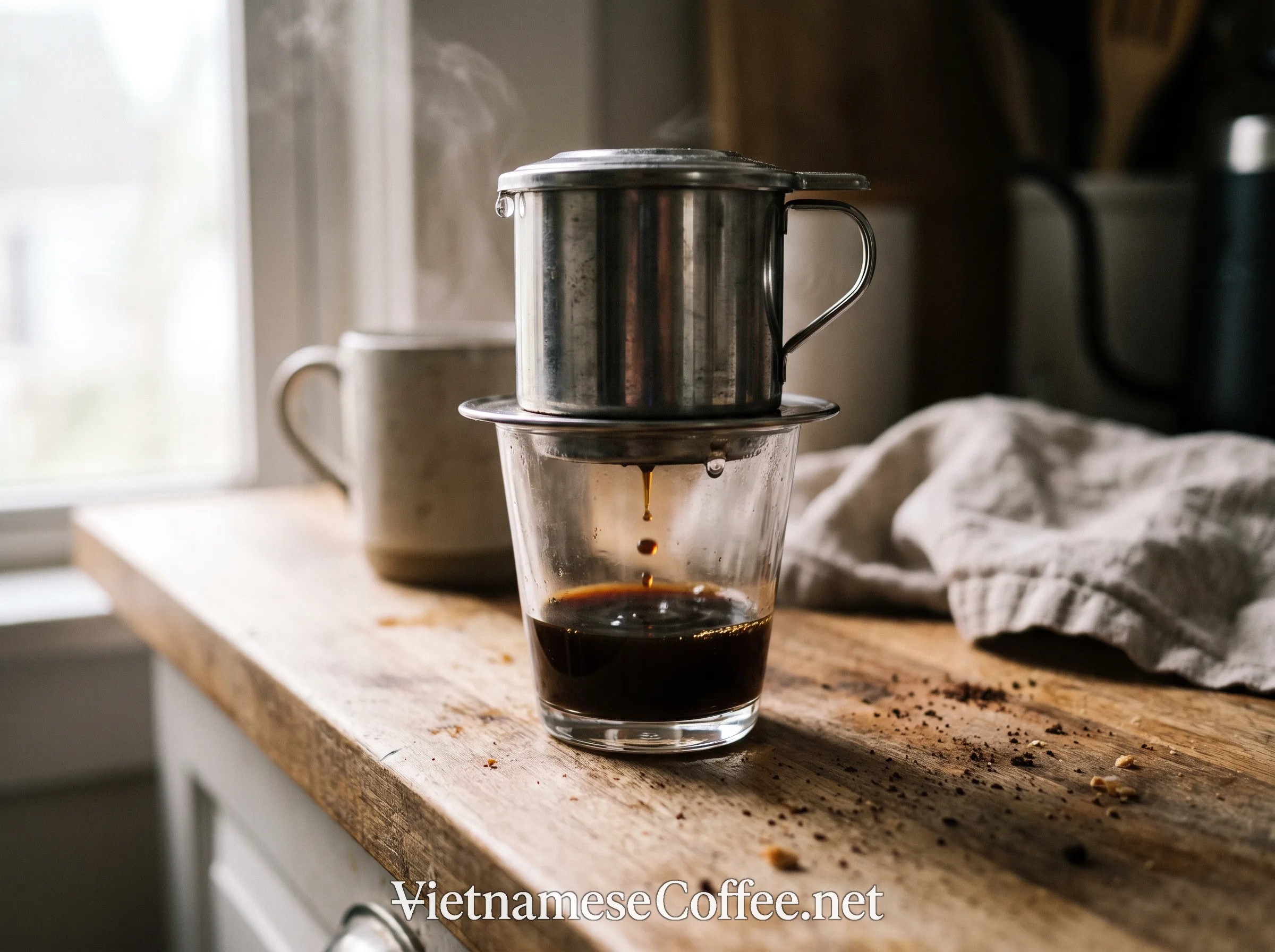 A phin filter dripping strong coffee into a small glass for egg coffee