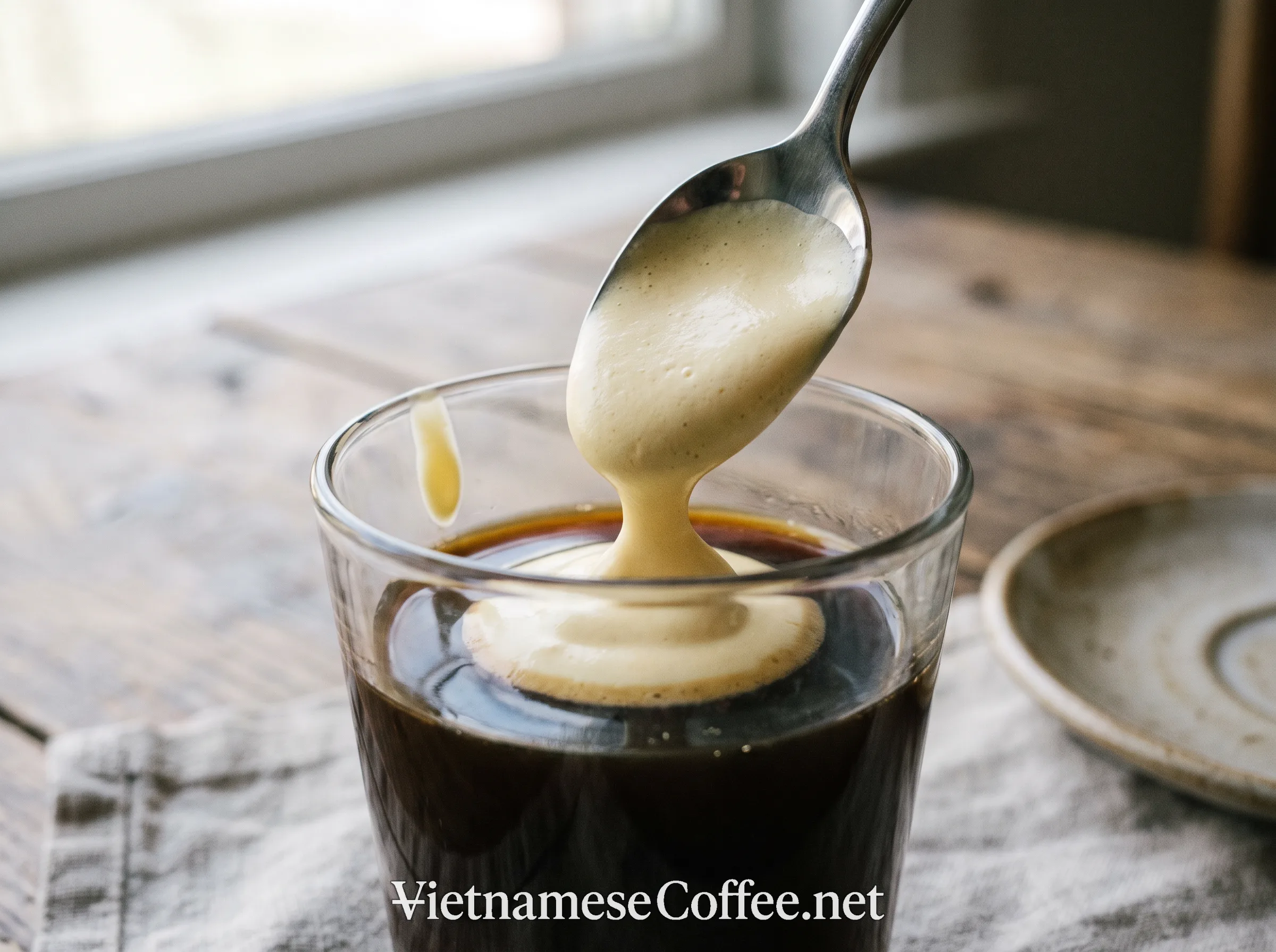 Whipped egg cream being spooned onto brewed coffee in a glass