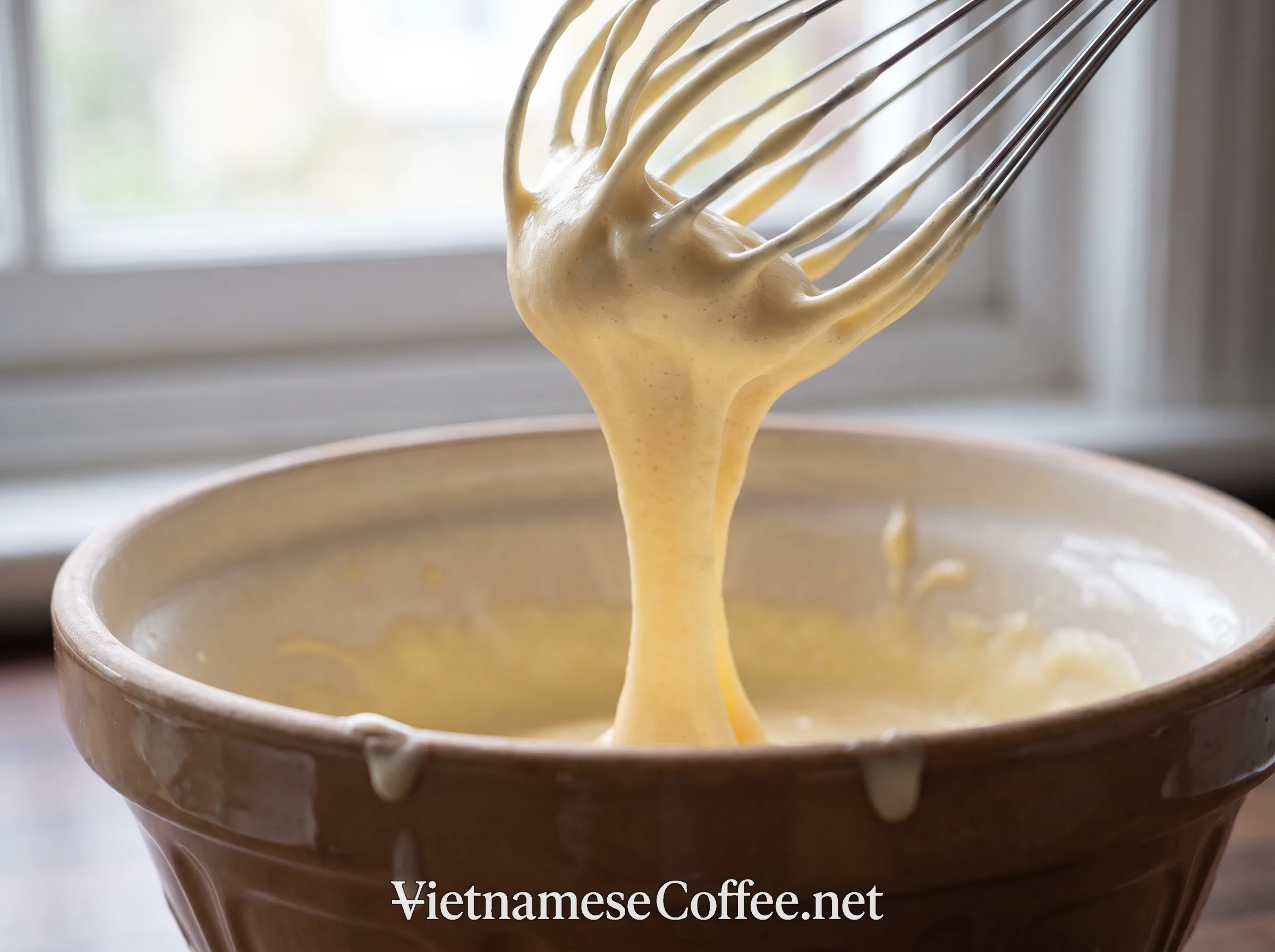 Whipped egg yolk and condensed milk cream forming ribbons in a mixing bowl