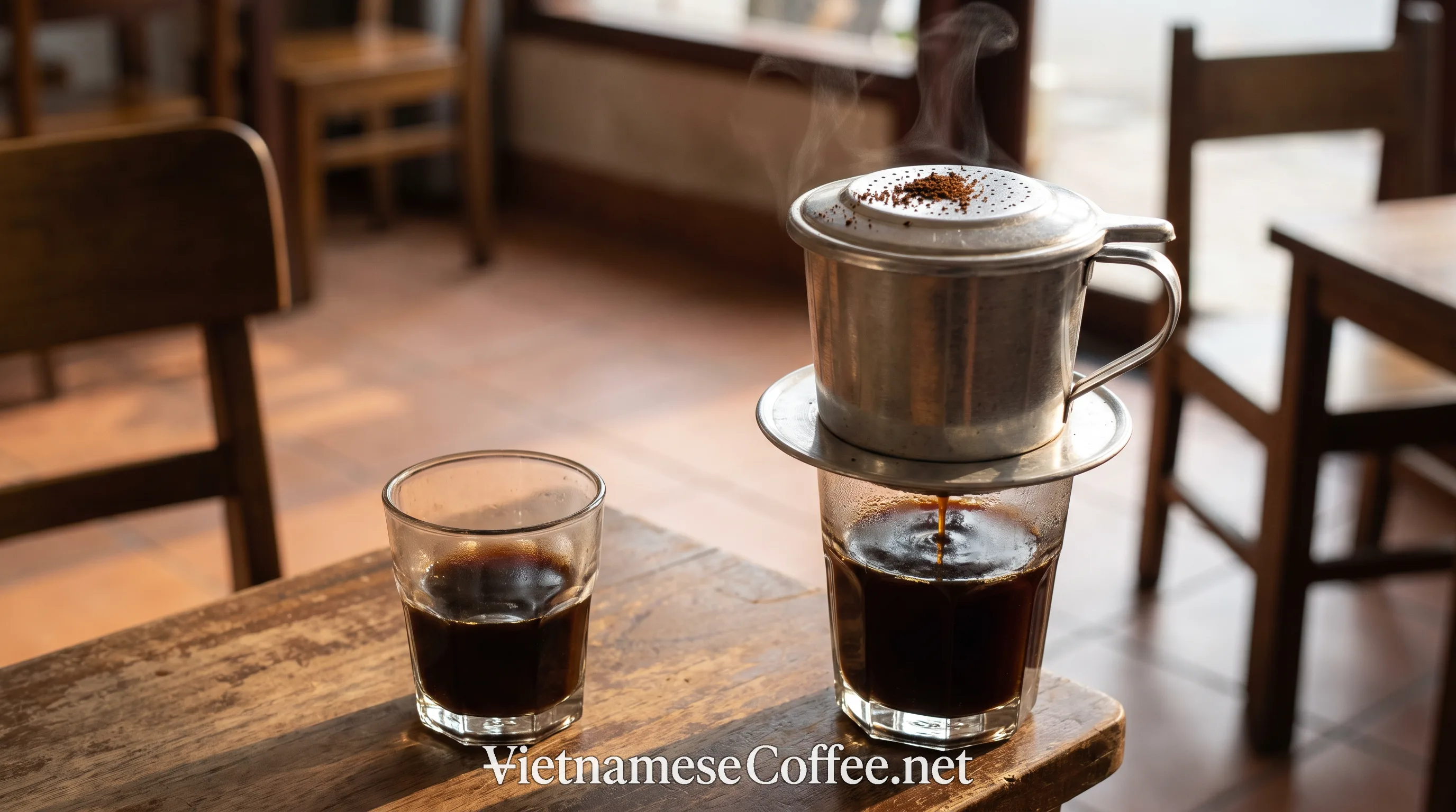 A metal phin filter brewing dark Vietnamese coffee into a glass