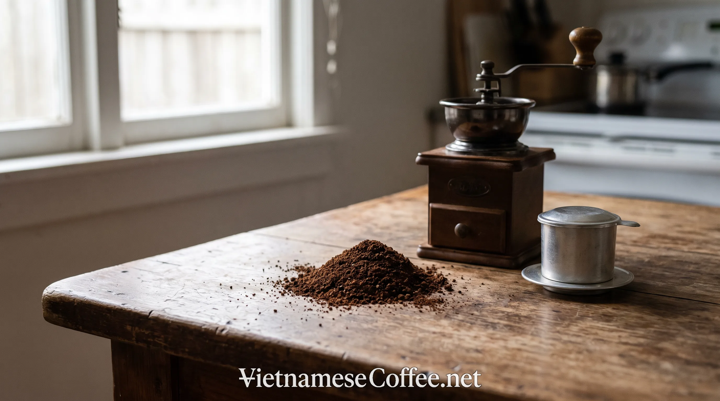 A small pile of ground coffee beside a burr grinder and a phin filter