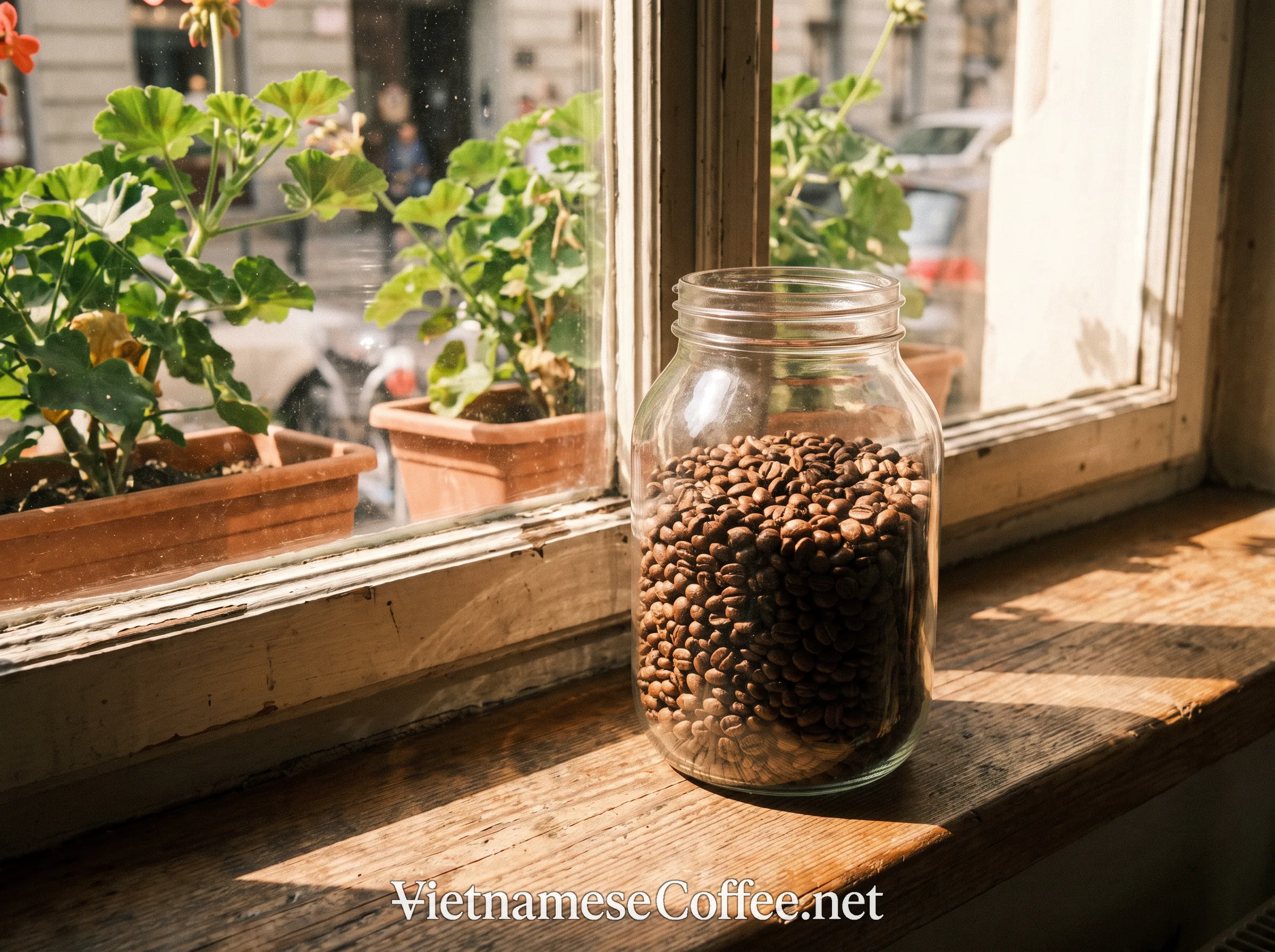 A clear glass jar of coffee beans left on a sunlit windowsill