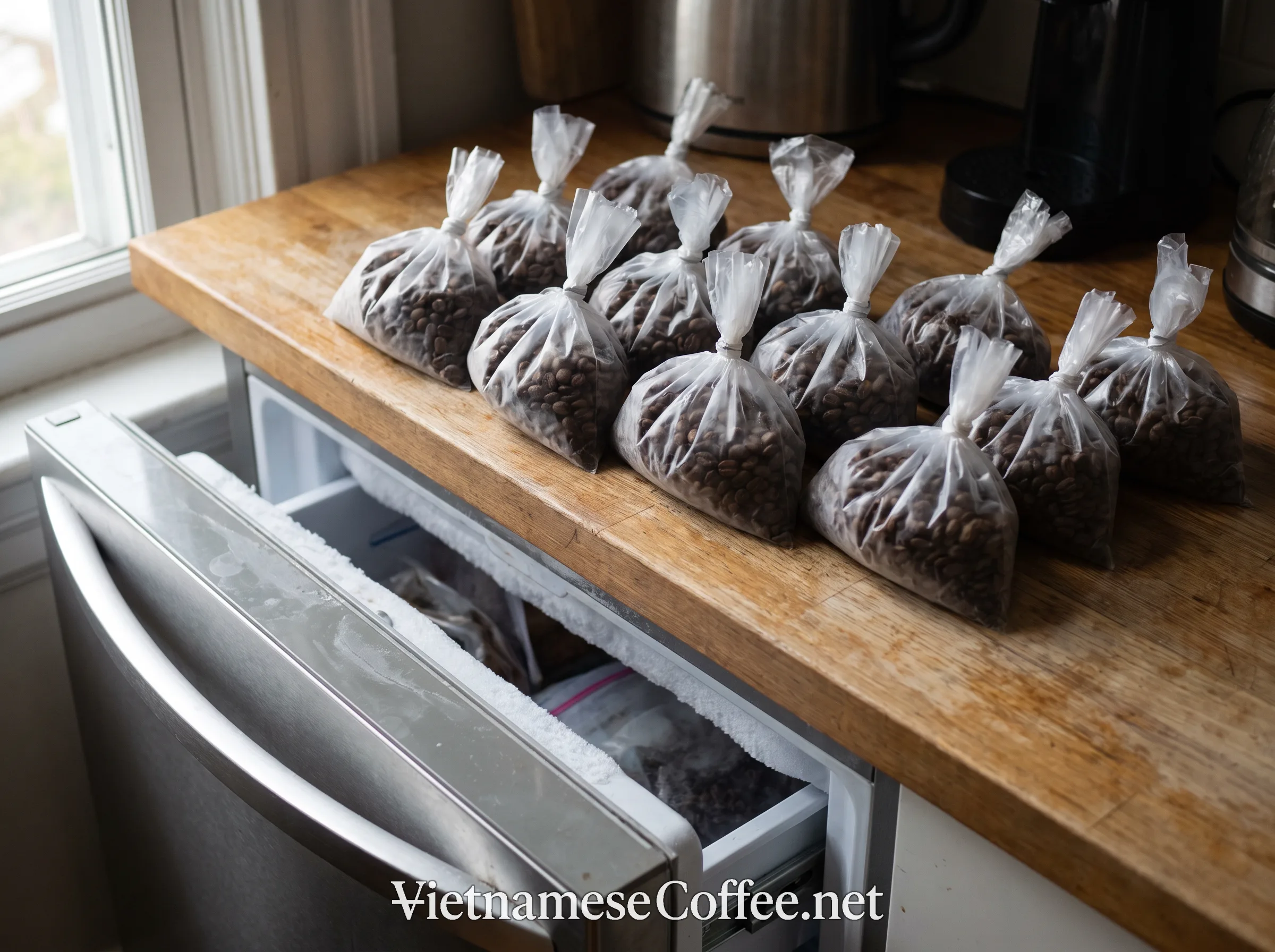 Portioned coffee beans in small airtight bags ready for the freezer