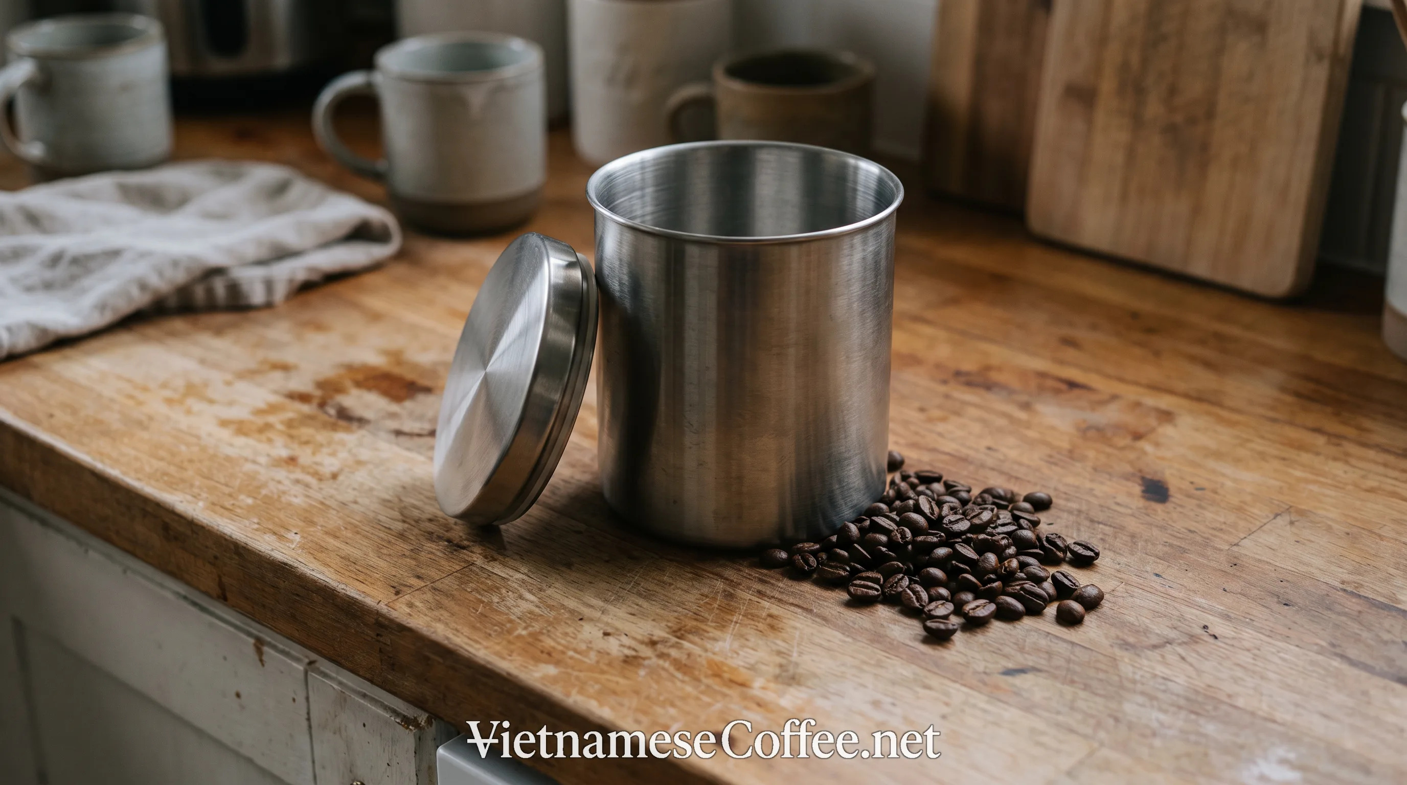 Whole coffee beans in an opaque stainless steel canister on a kitchen counter