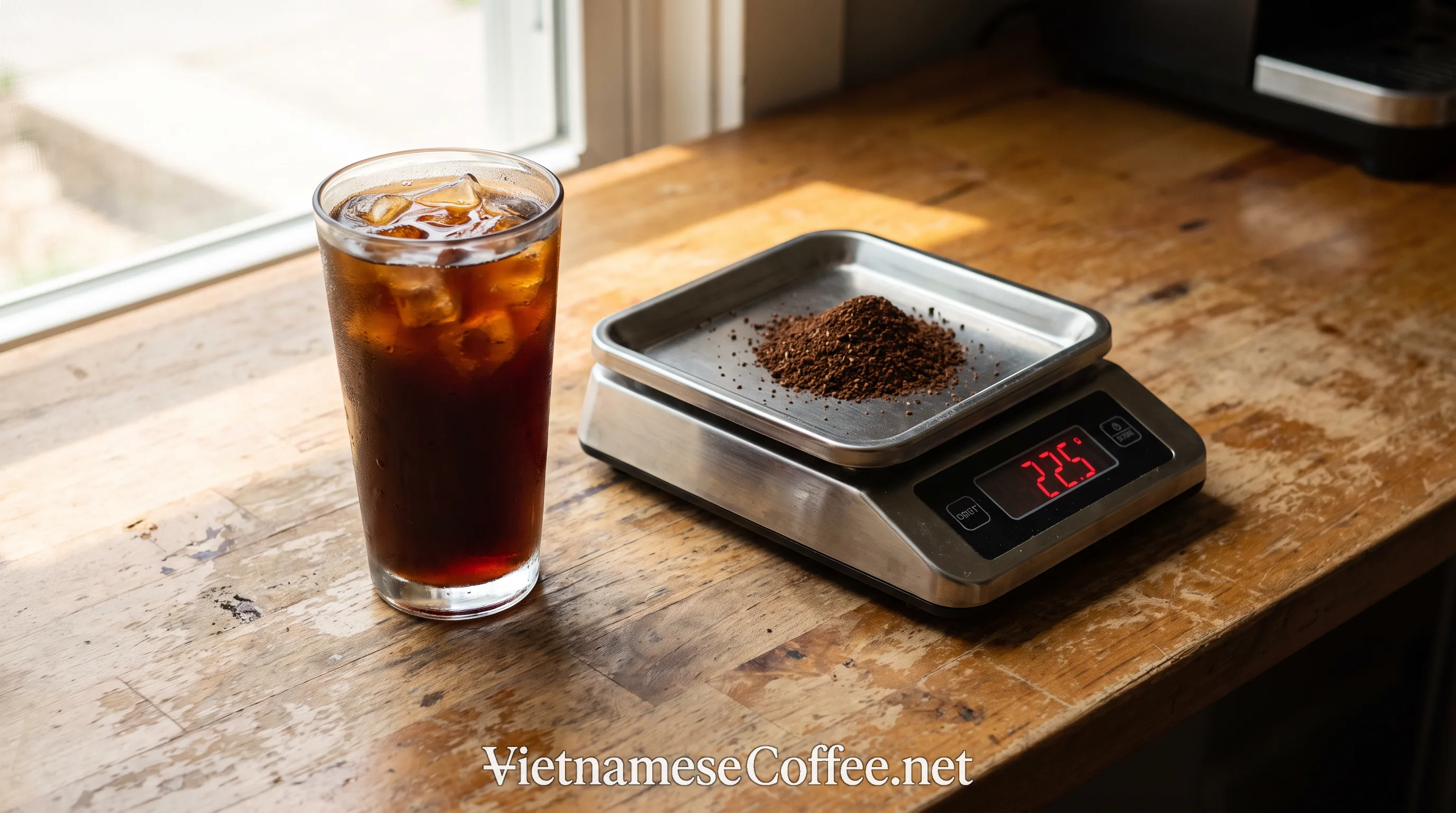 A glass of iced coffee beside a kitchen scale measuring coffee grounds