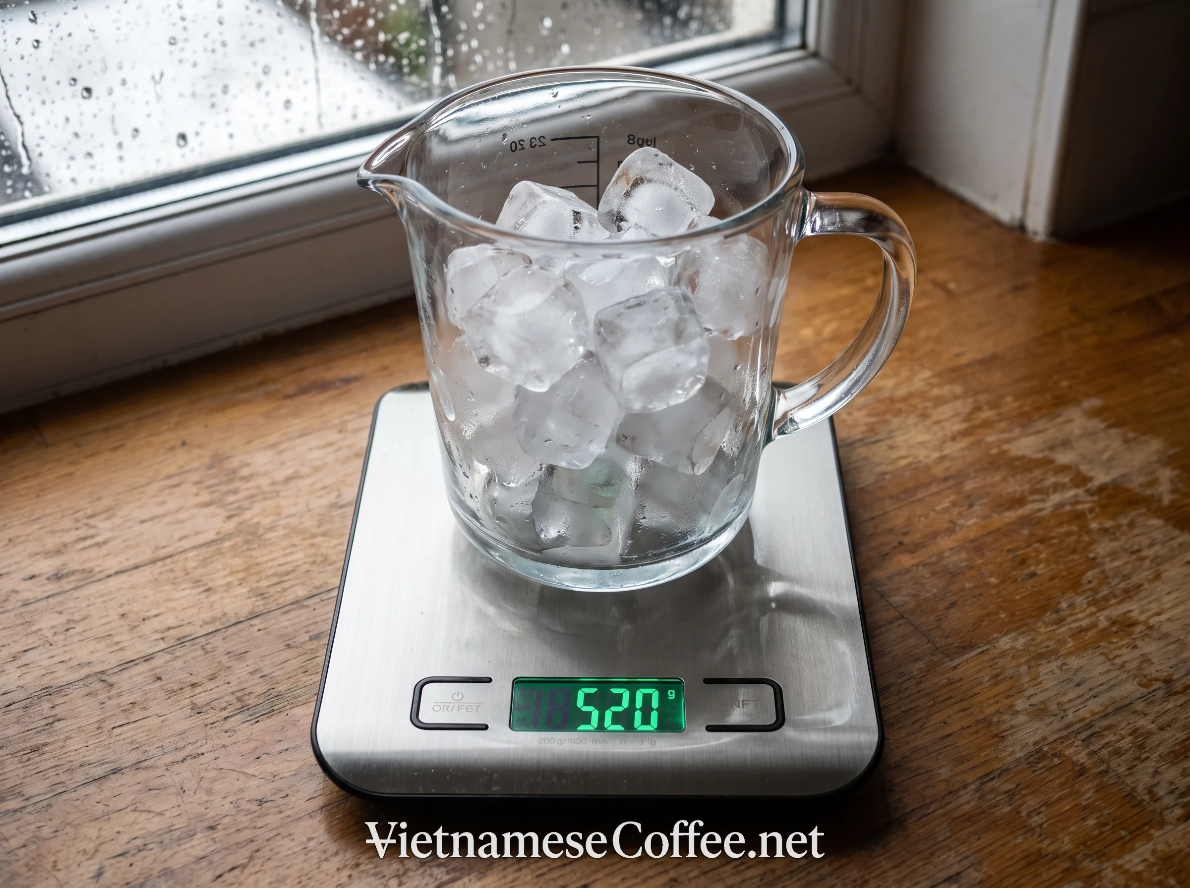 Ice cubes being weighed on a kitchen scale for a brewing recipe