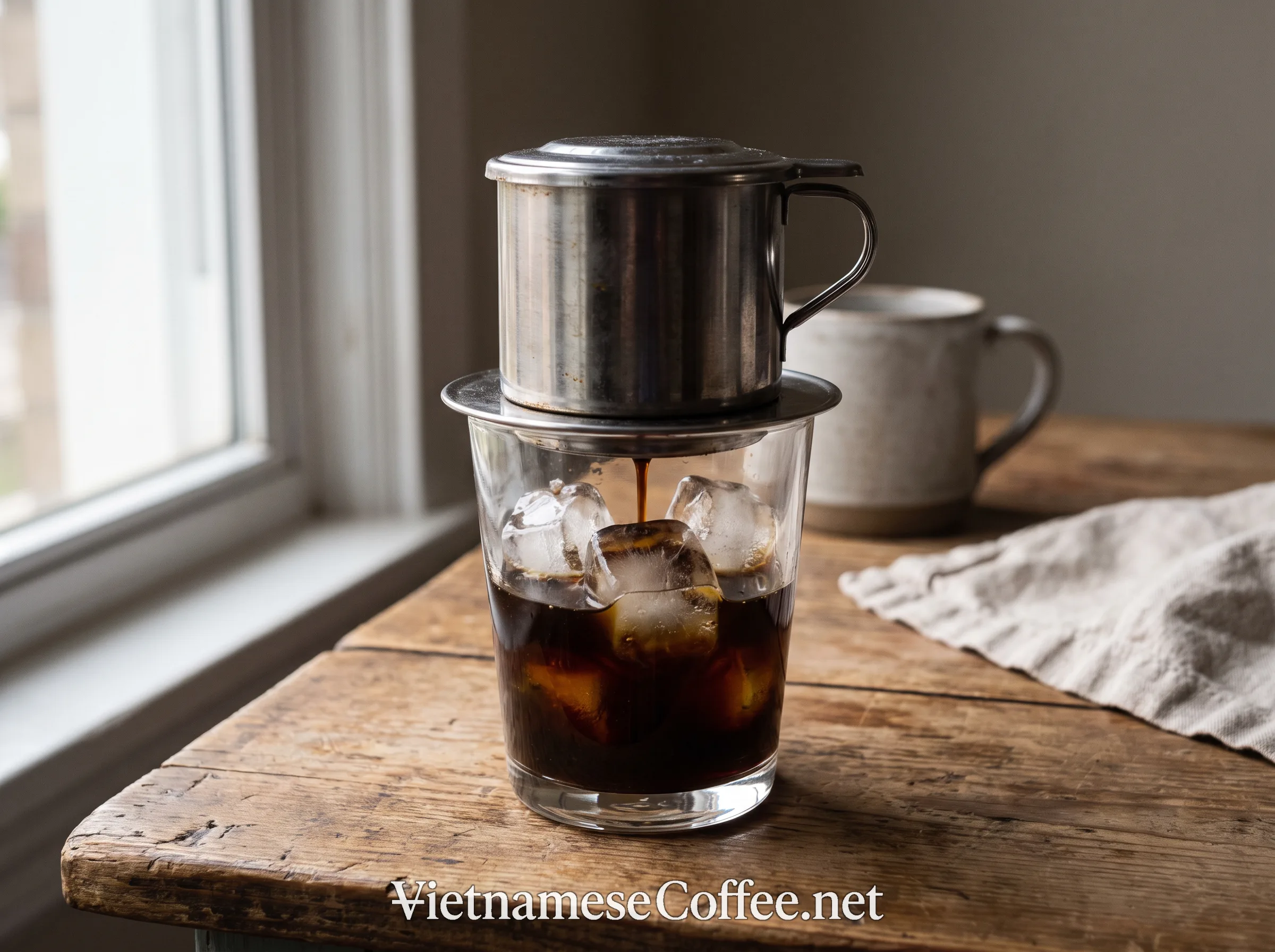 A phin filter brewing coffee directly above a glass containing ice