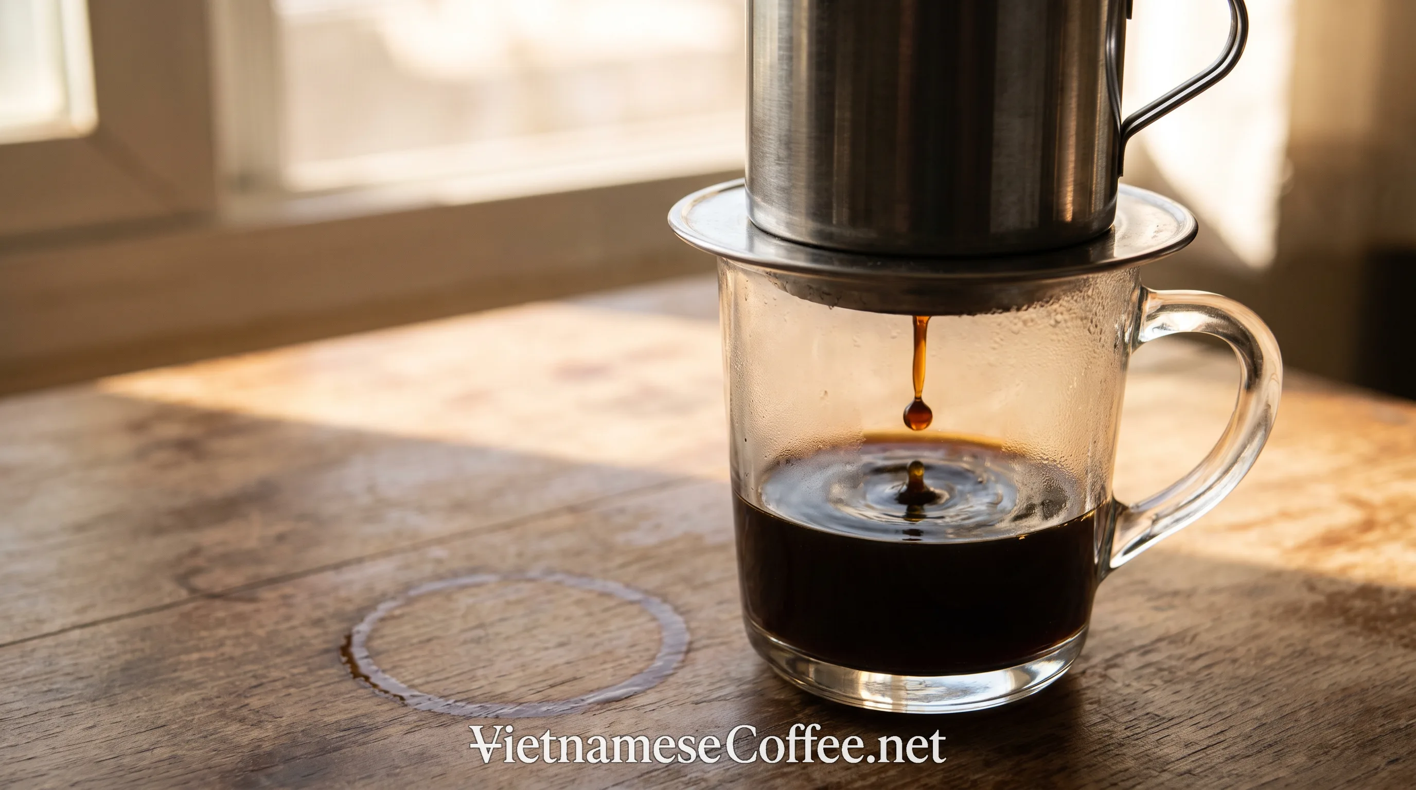 A Vietnamese phin filter dripping coffee into a glass
