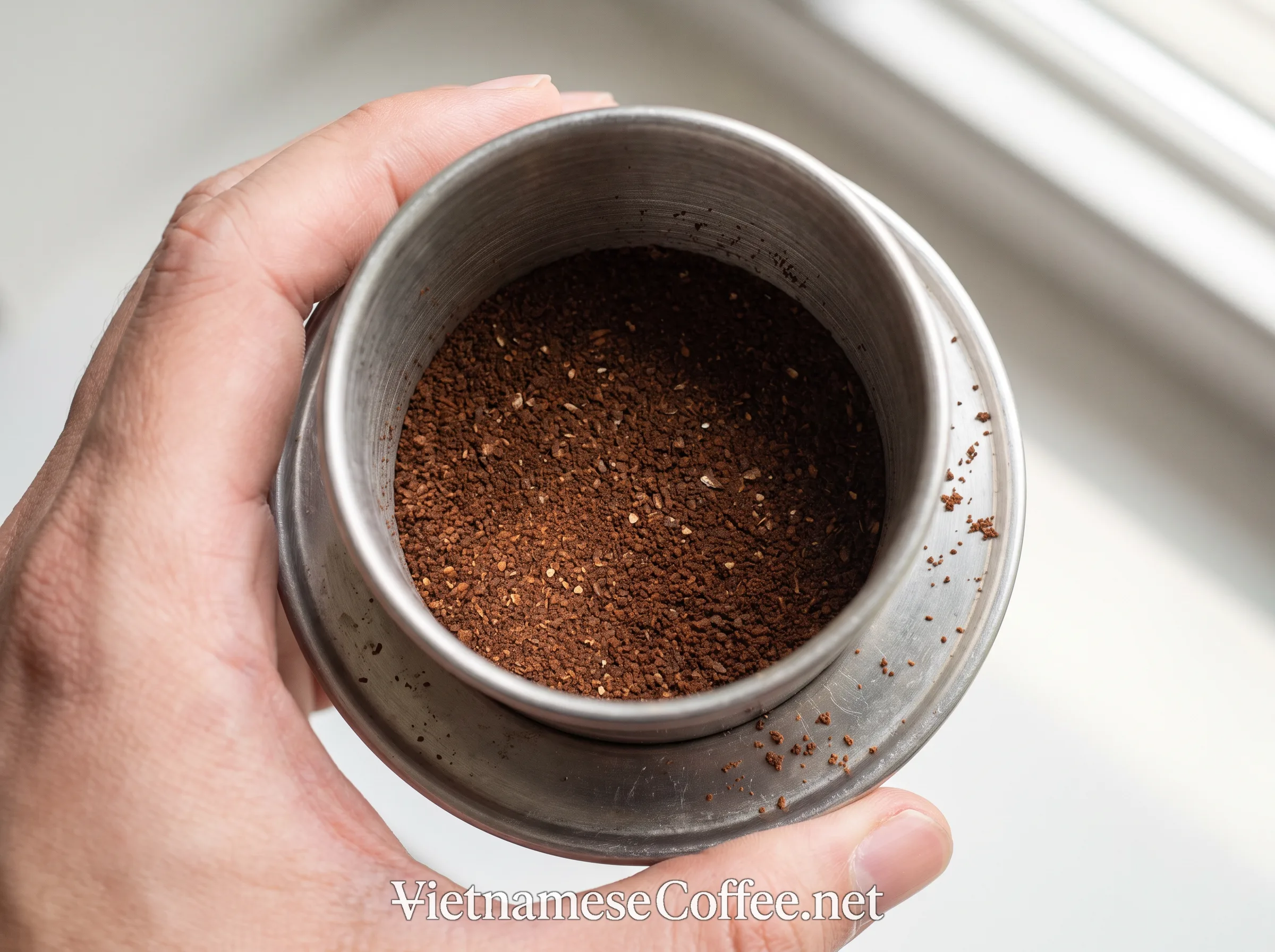Medium-ground coffee being leveled inside a phin filter chamber