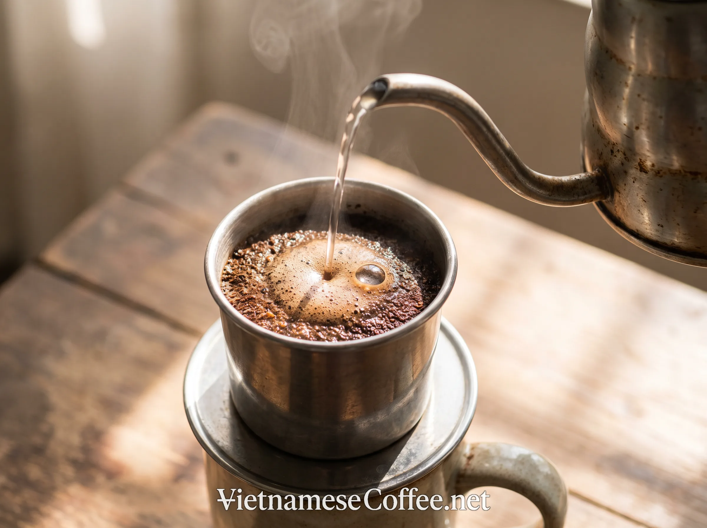 A small pour of hot water blooming coffee grounds inside a phin filter