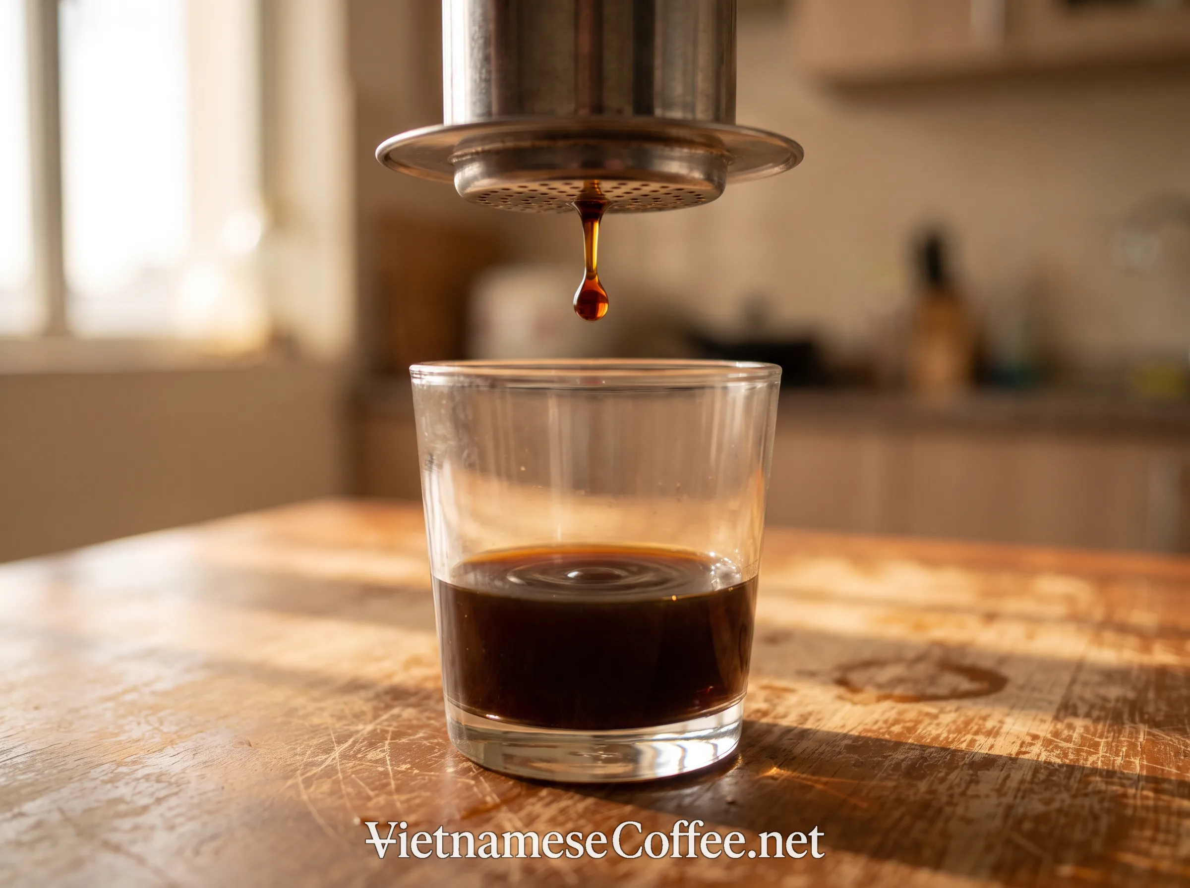 Dark coffee dripping slowly from a phin filter into a glass below