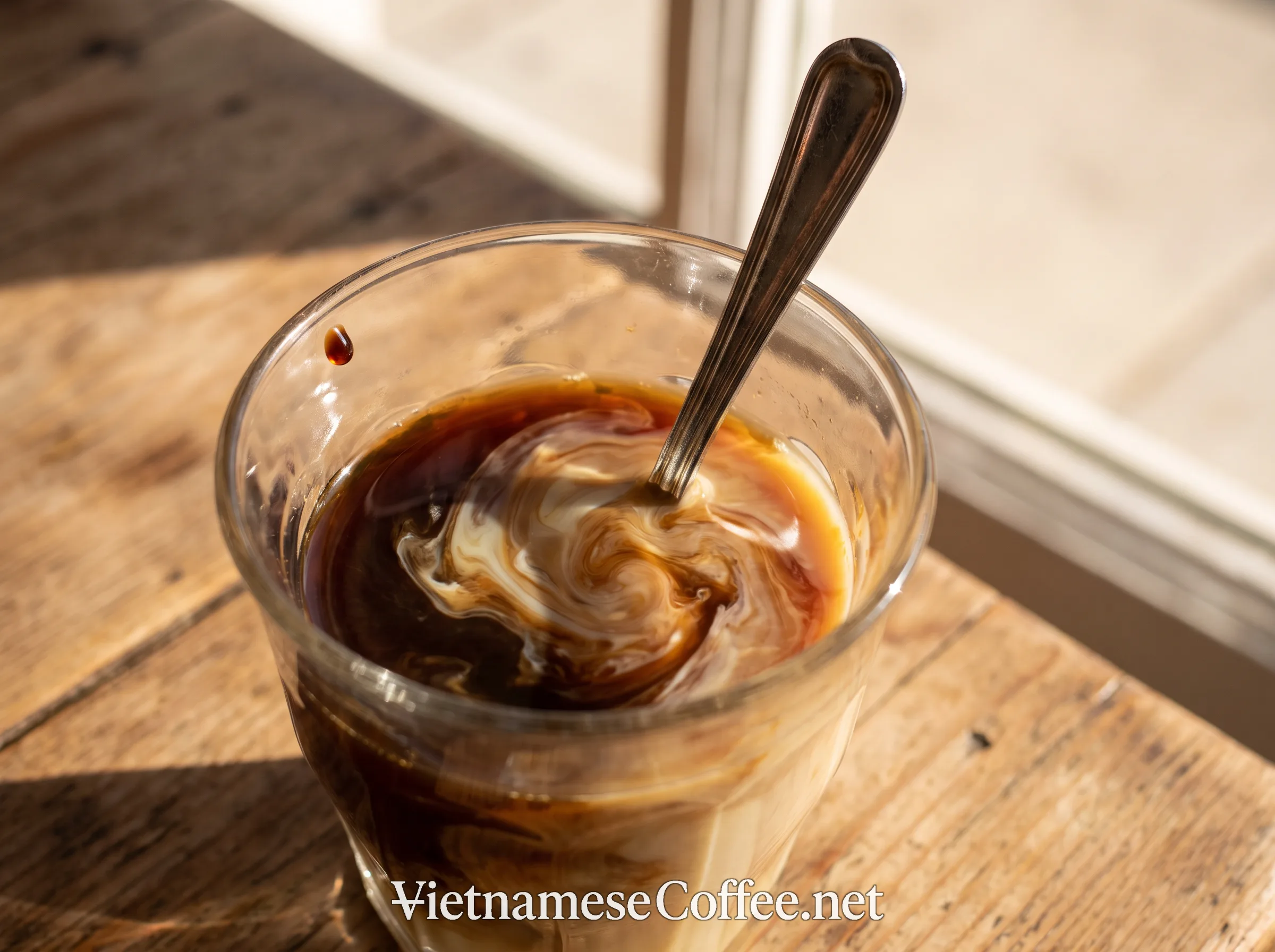 A spoon stirring brewed Vietnamese coffee with condensed milk in a glass