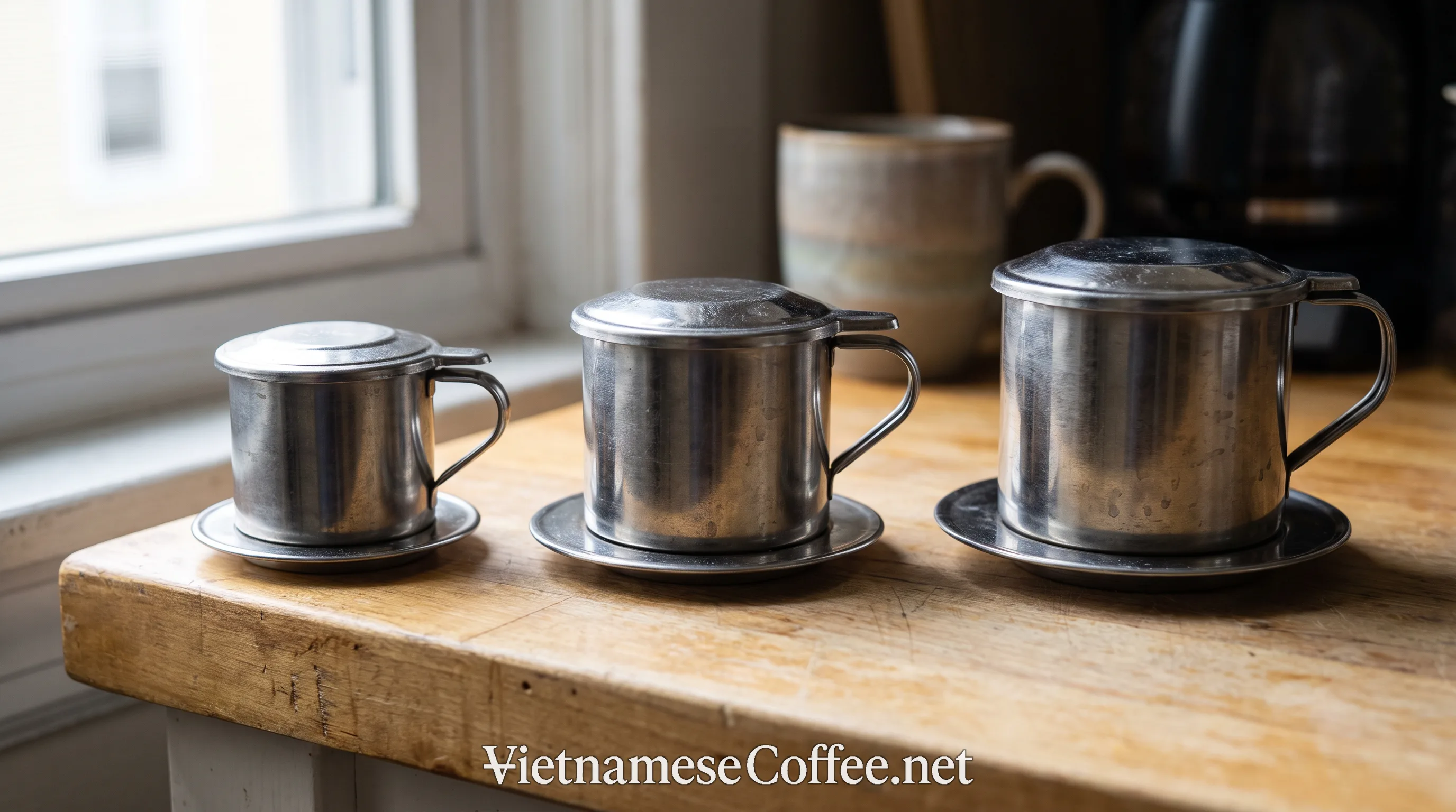 Several phin filters of different sizes lined up on a counter
