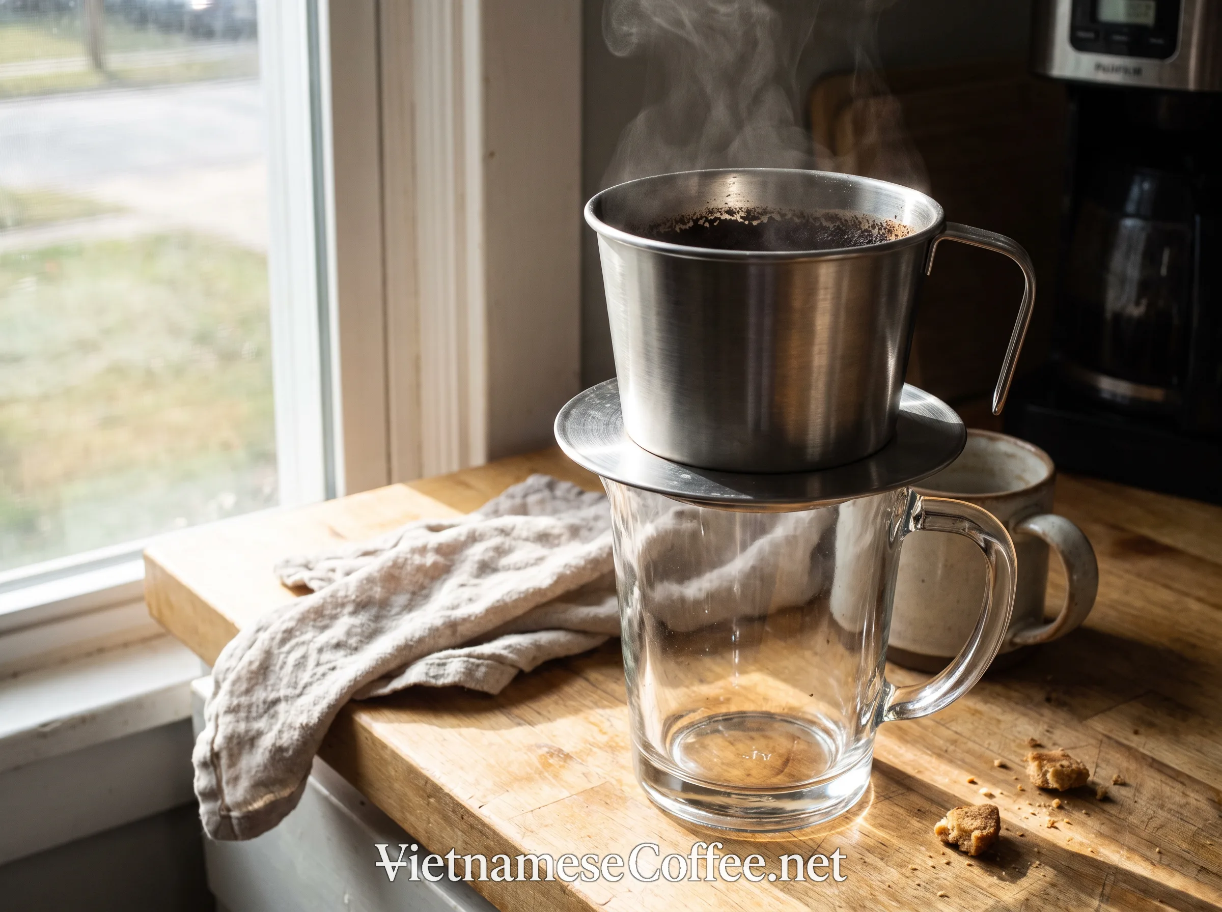 A larger phin filter positioned over a wide-mouth glass pitcher