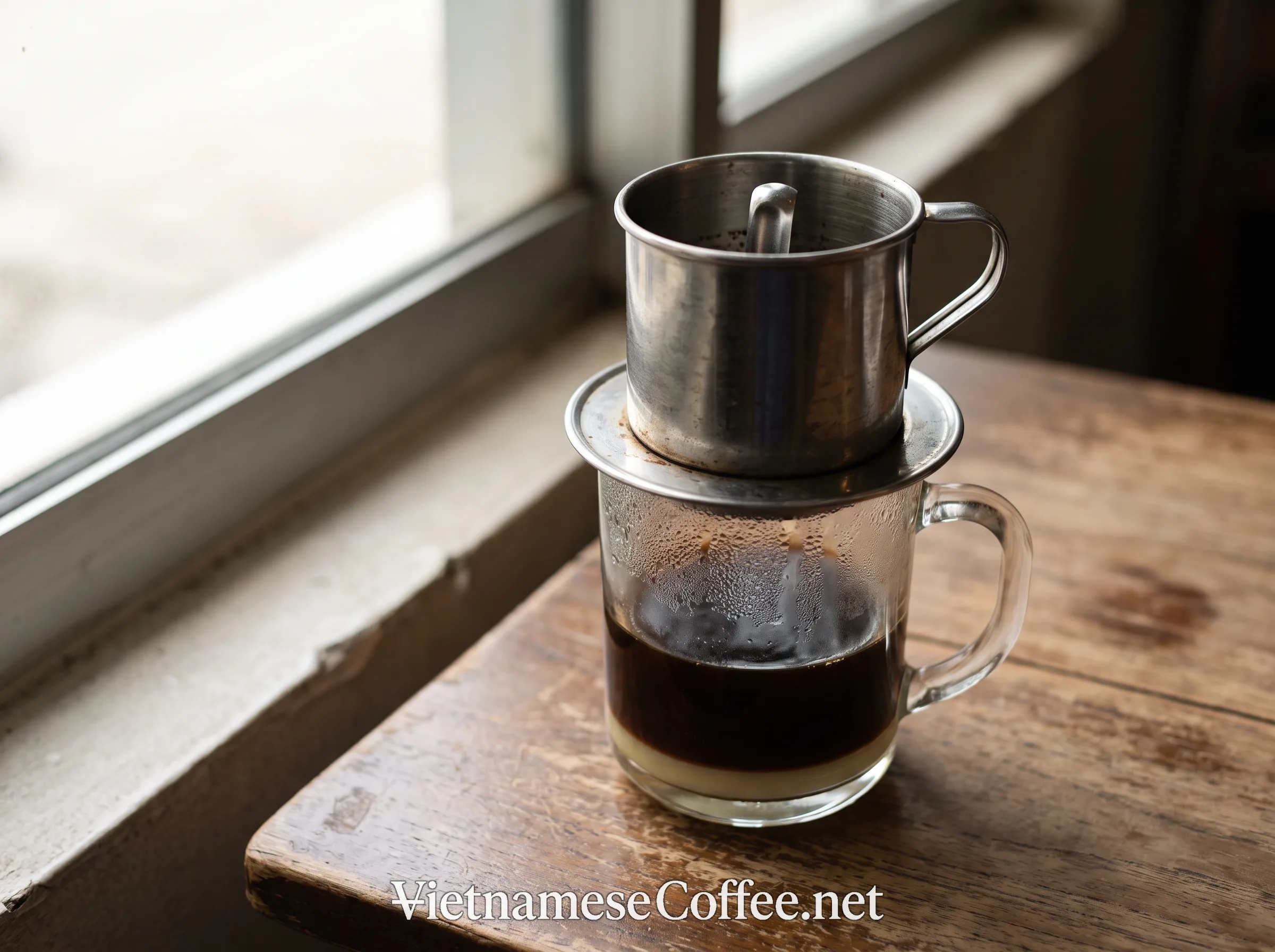 A small single-serving phin filter sitting on a glass mug