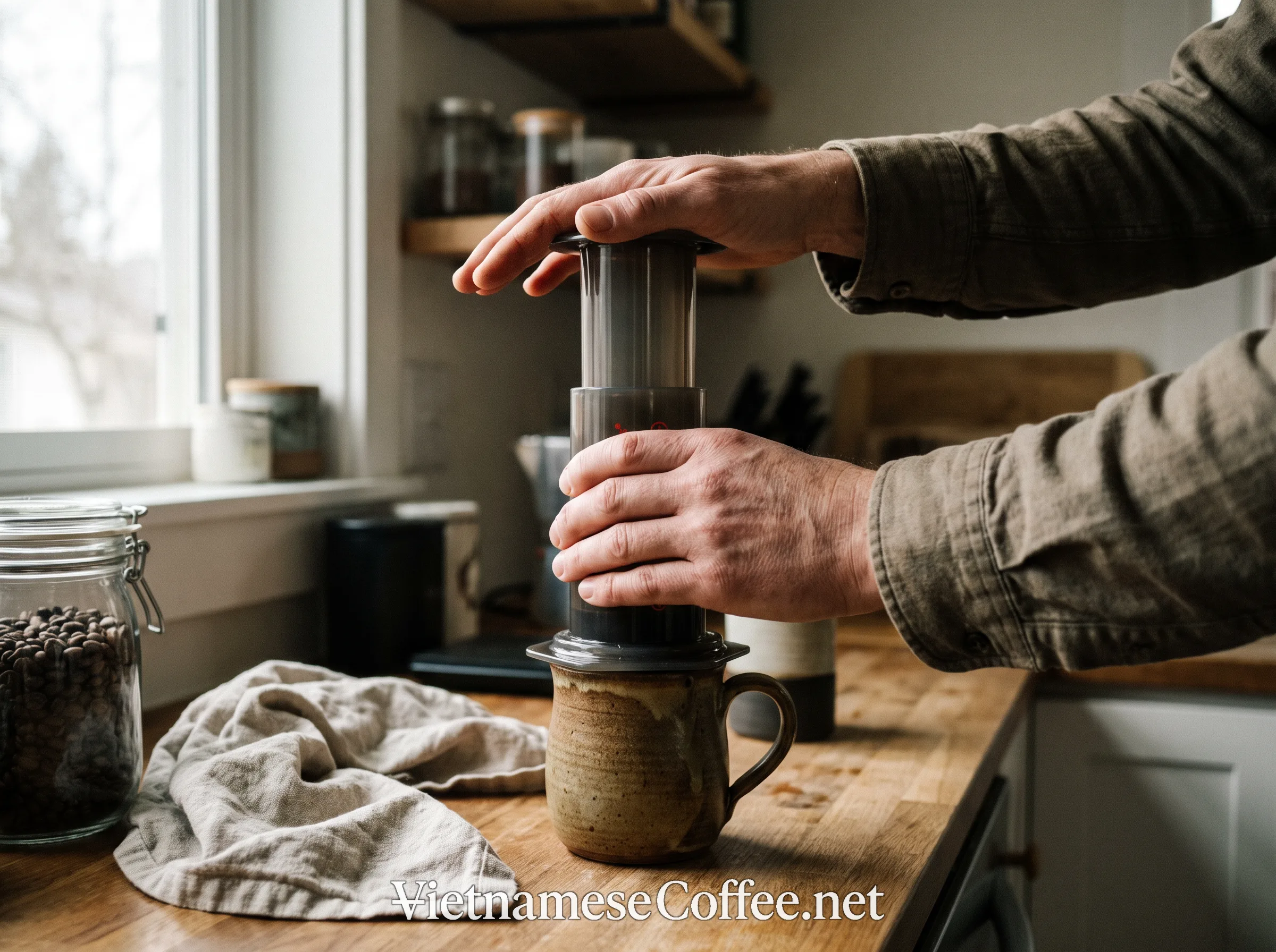 Hands pressing down the plunger of an AeroPress over a mug