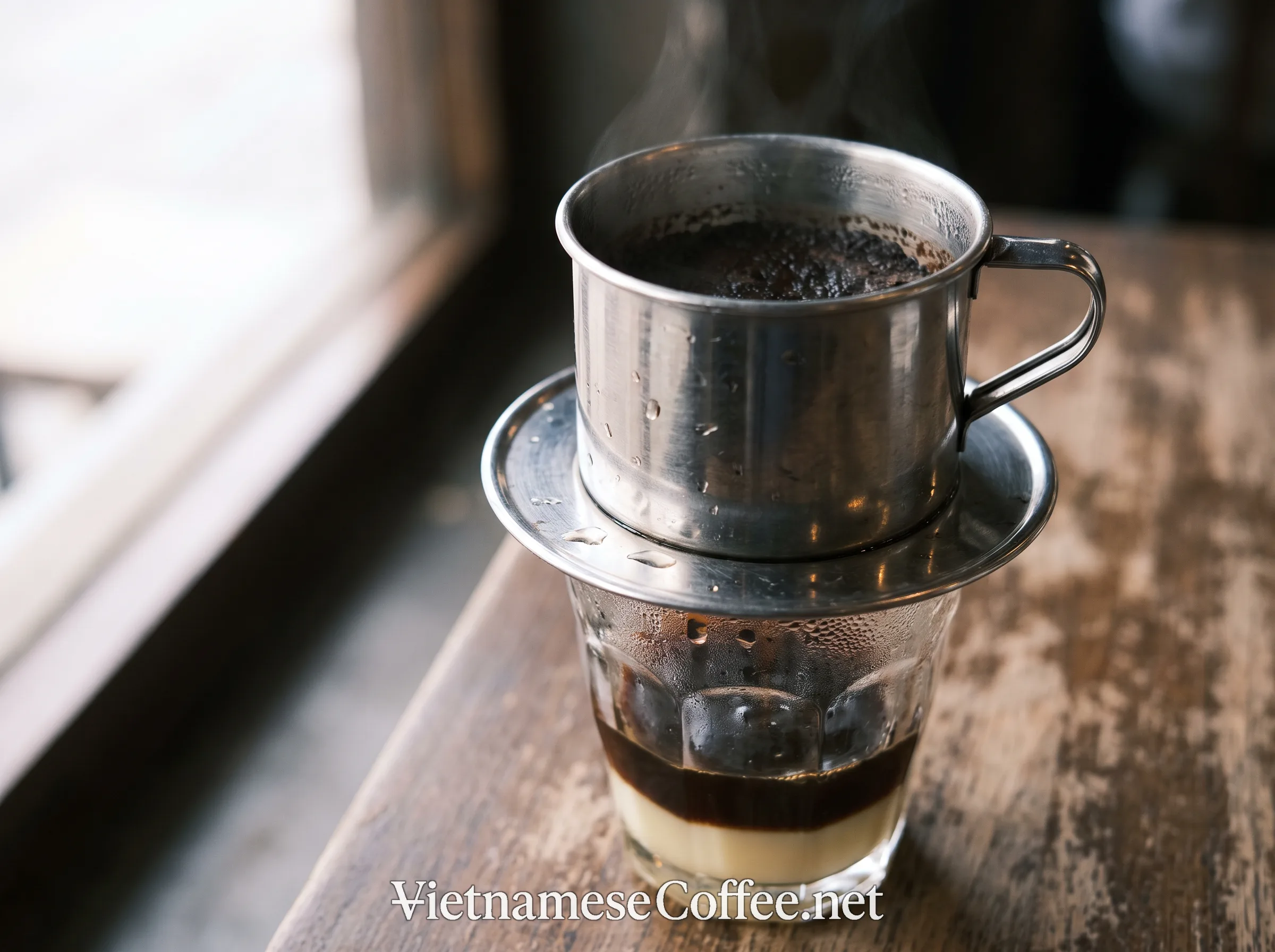 A phin filter dripping coffee into a glass with condensed milk at the bottom
