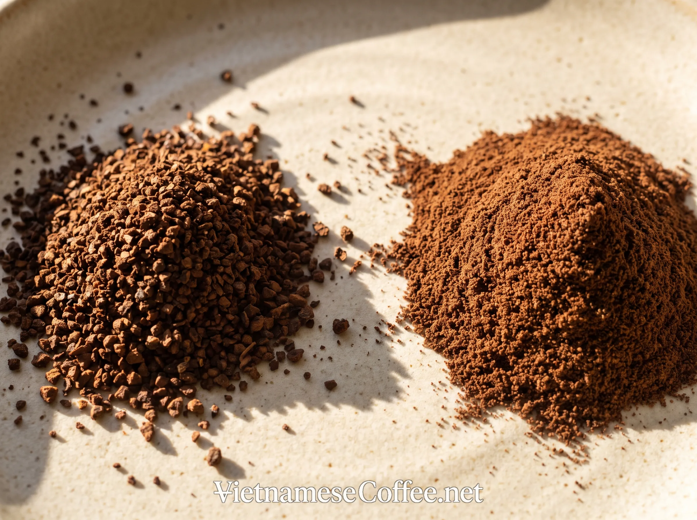 Coarse and medium coffee grounds shown side by side for comparison