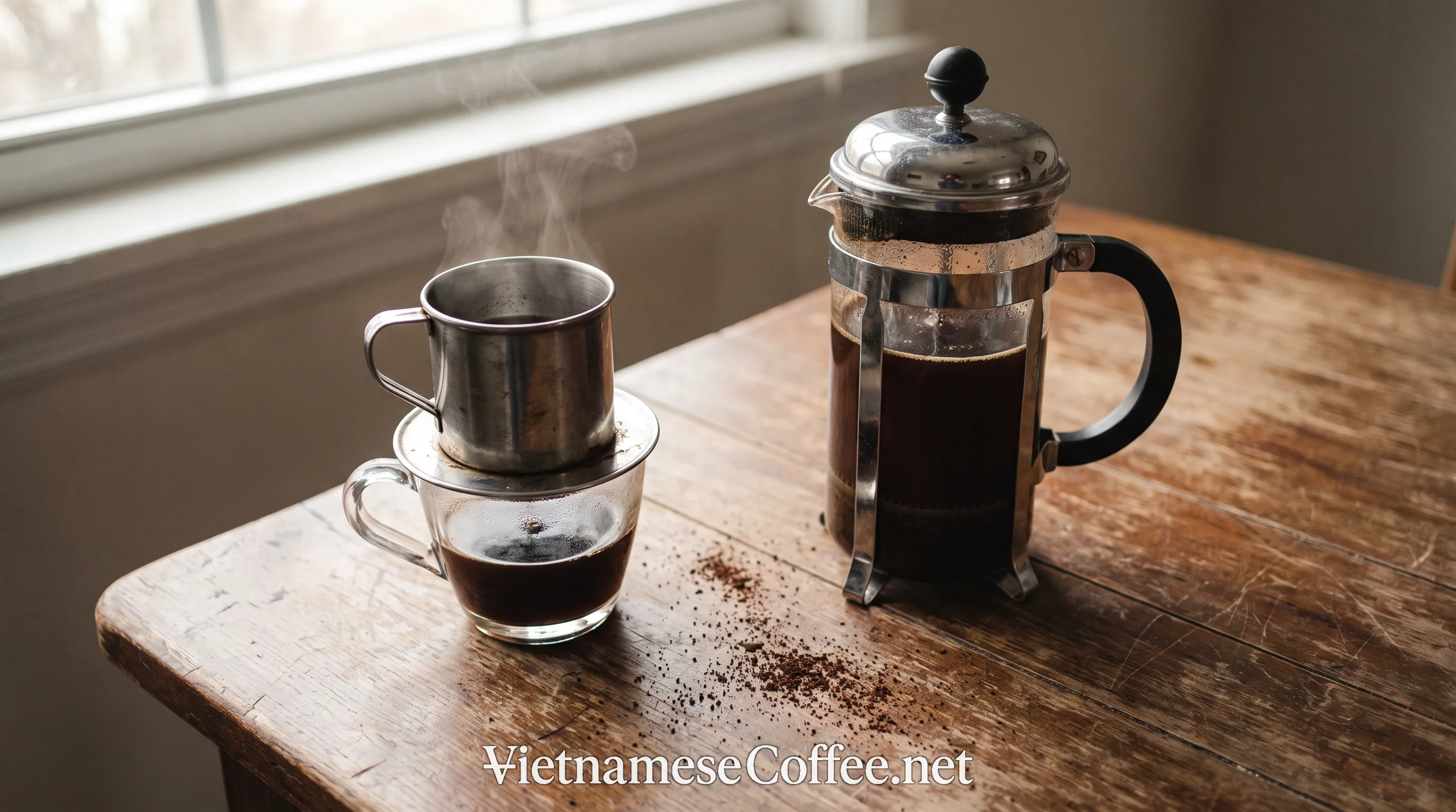A phin filter and a French press side by side, both brewing coffee