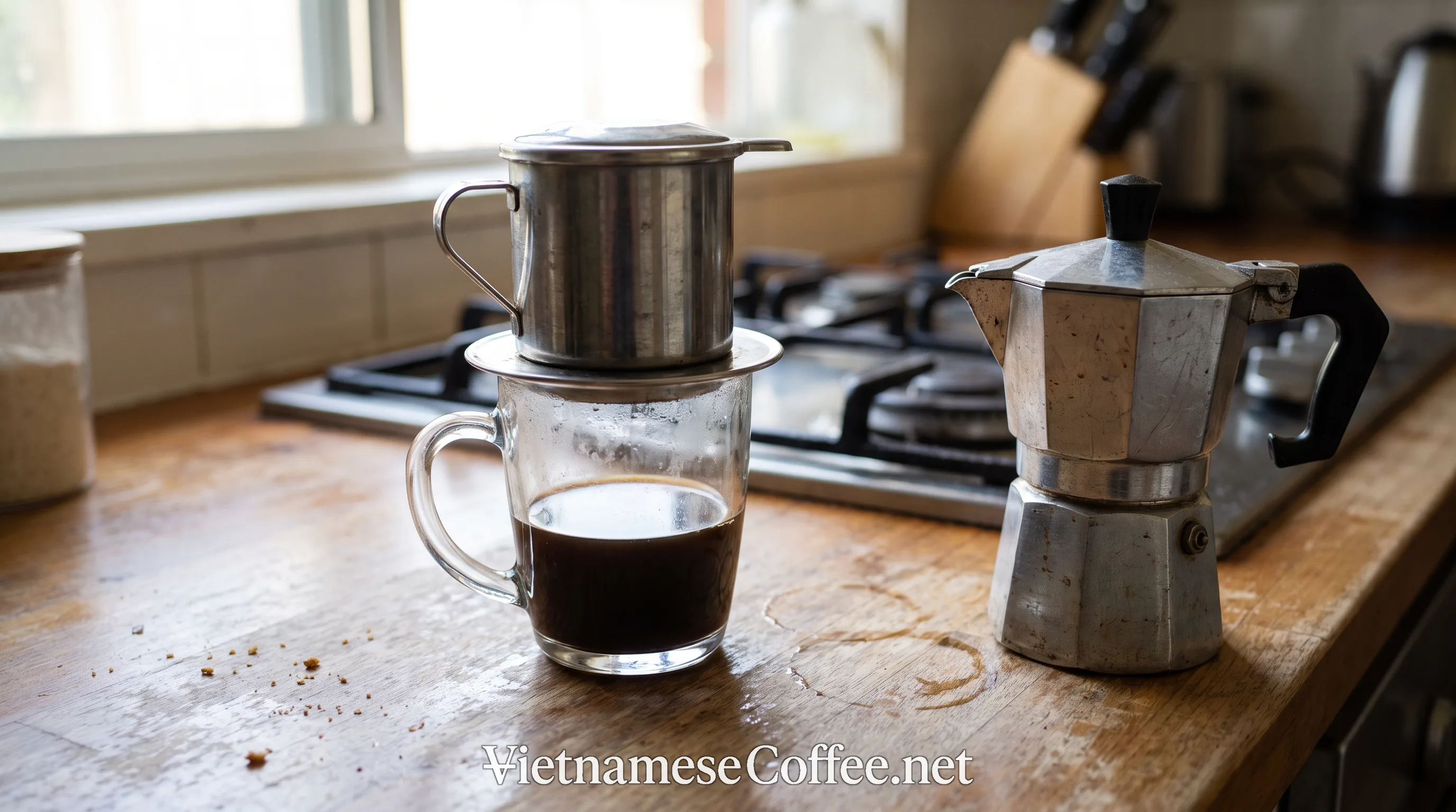 A phin filter and a moka pot placed side by side on a kitchen counter
