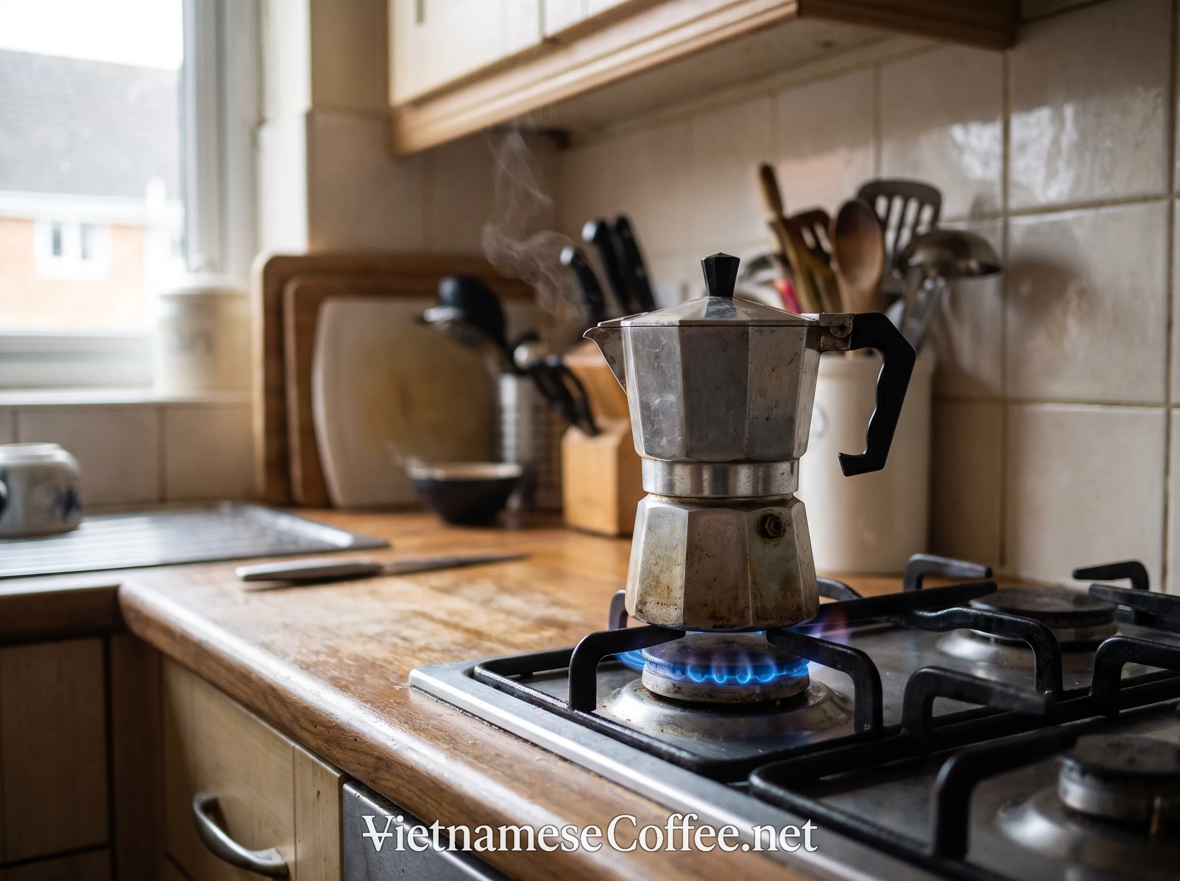 A moka pot brewing on a stovetop burner