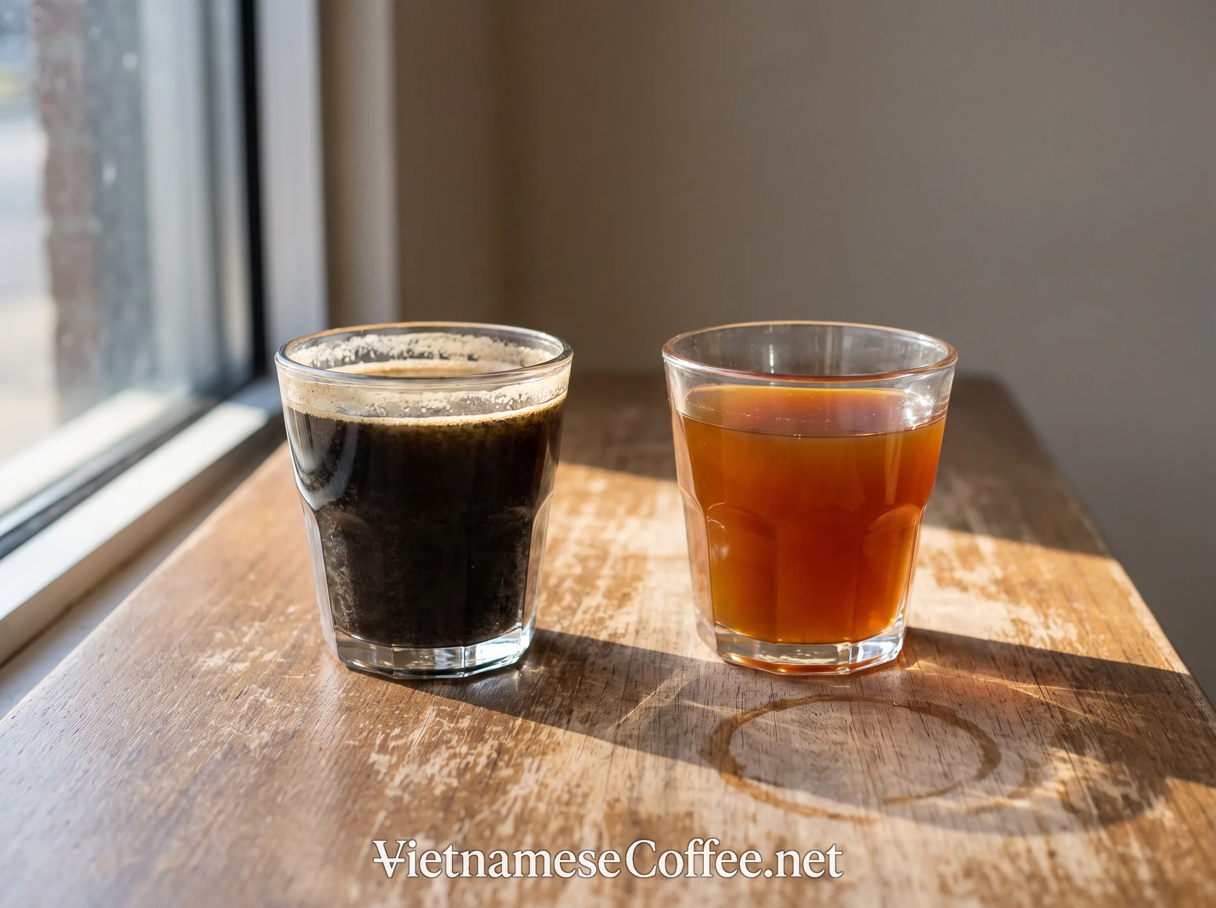 A dark, heavy-bodied phin coffee beside a lighter, clearer pour-over coffee