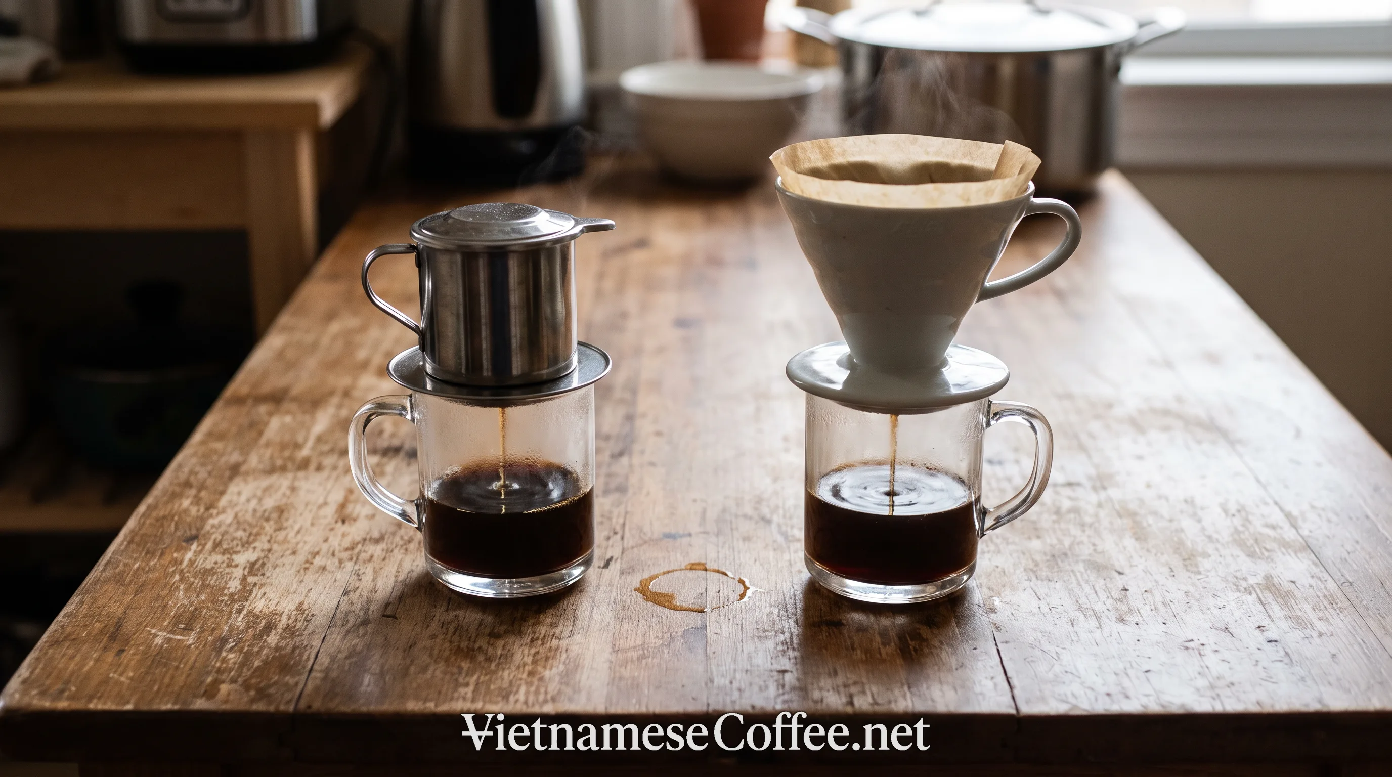 A phin filter and a V60 pour-over dripper brewing coffee side by side