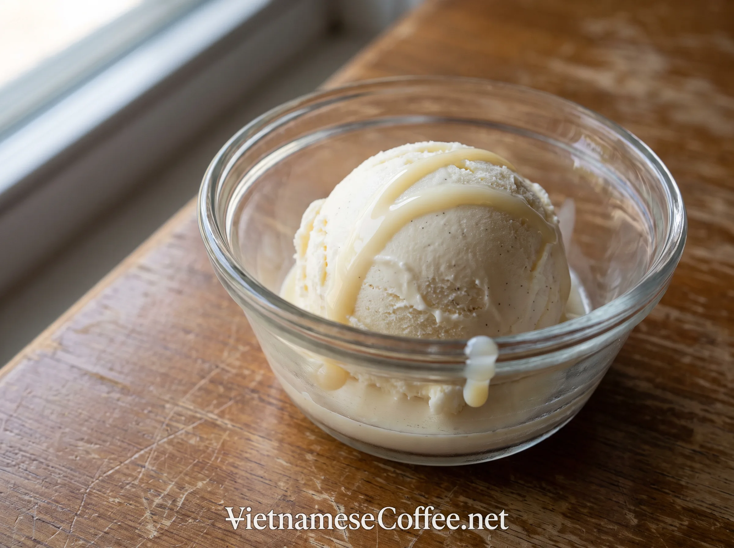 A scoop of ice cream drizzled with condensed milk in a glass dish
