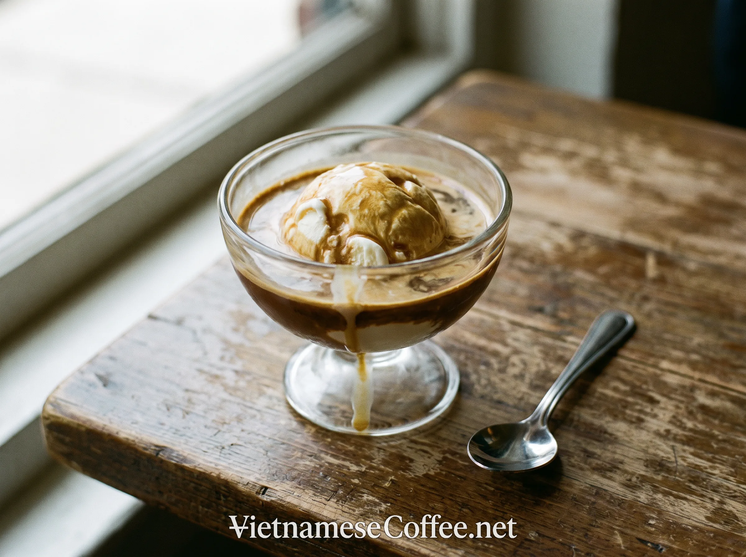 A finished Vietnamese coffee affogato with coffee pooling around melting ice cream