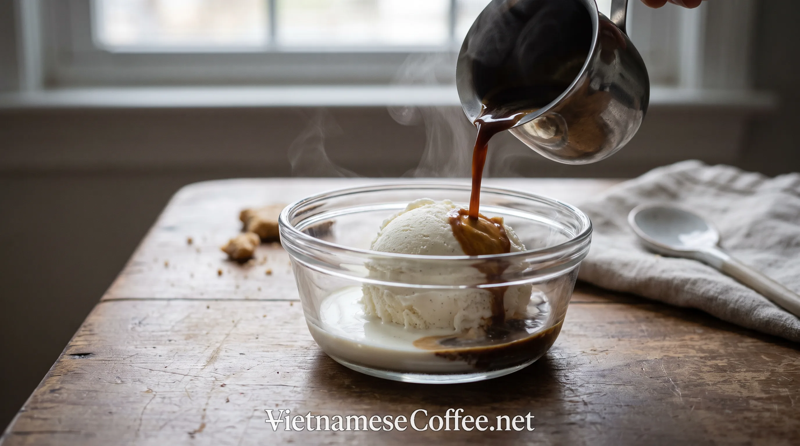 Hot Vietnamese coffee being poured over a scoop of ice cream, affogato style
