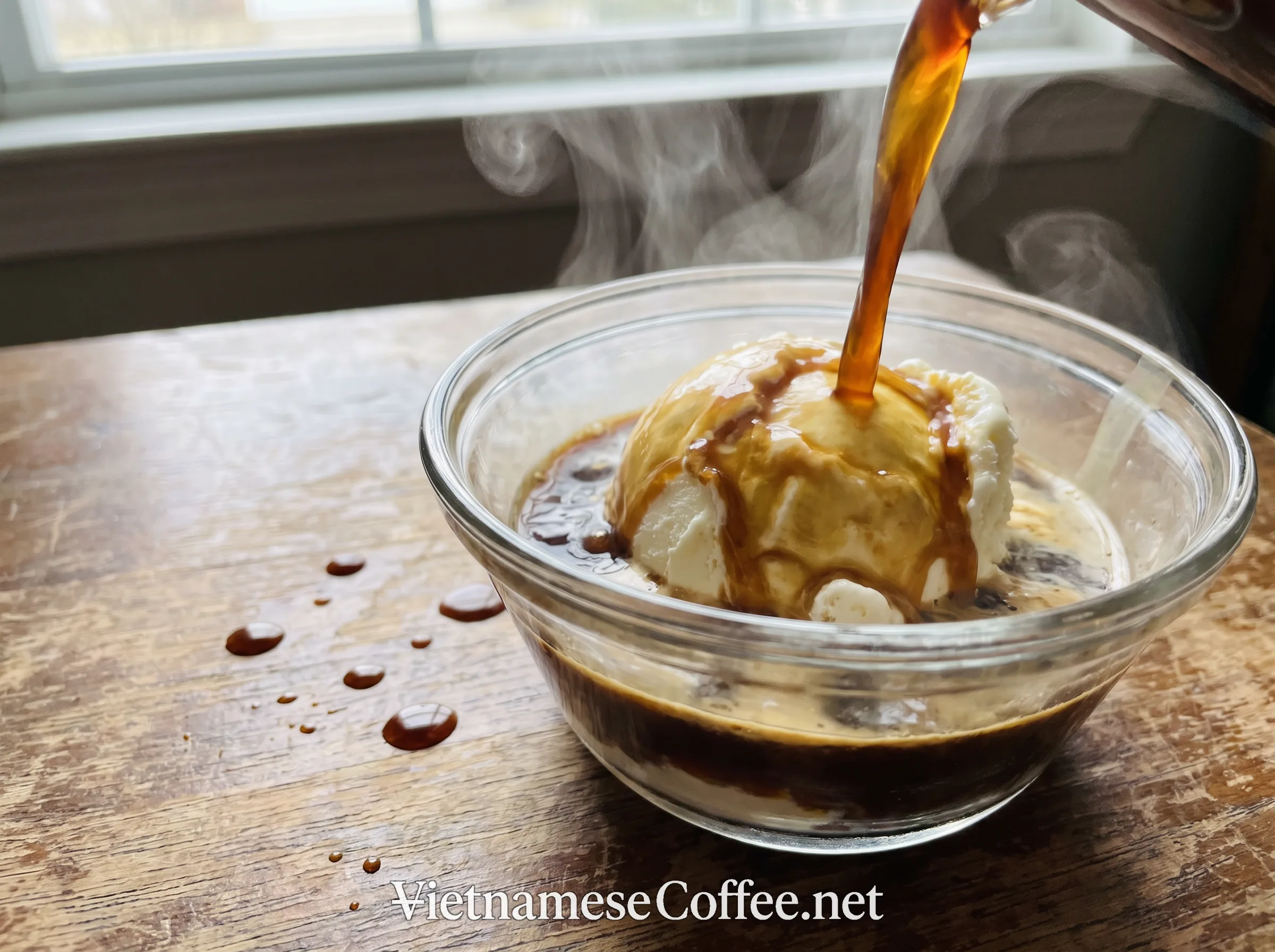 Hot coffee splashing over a scoop of ice cream