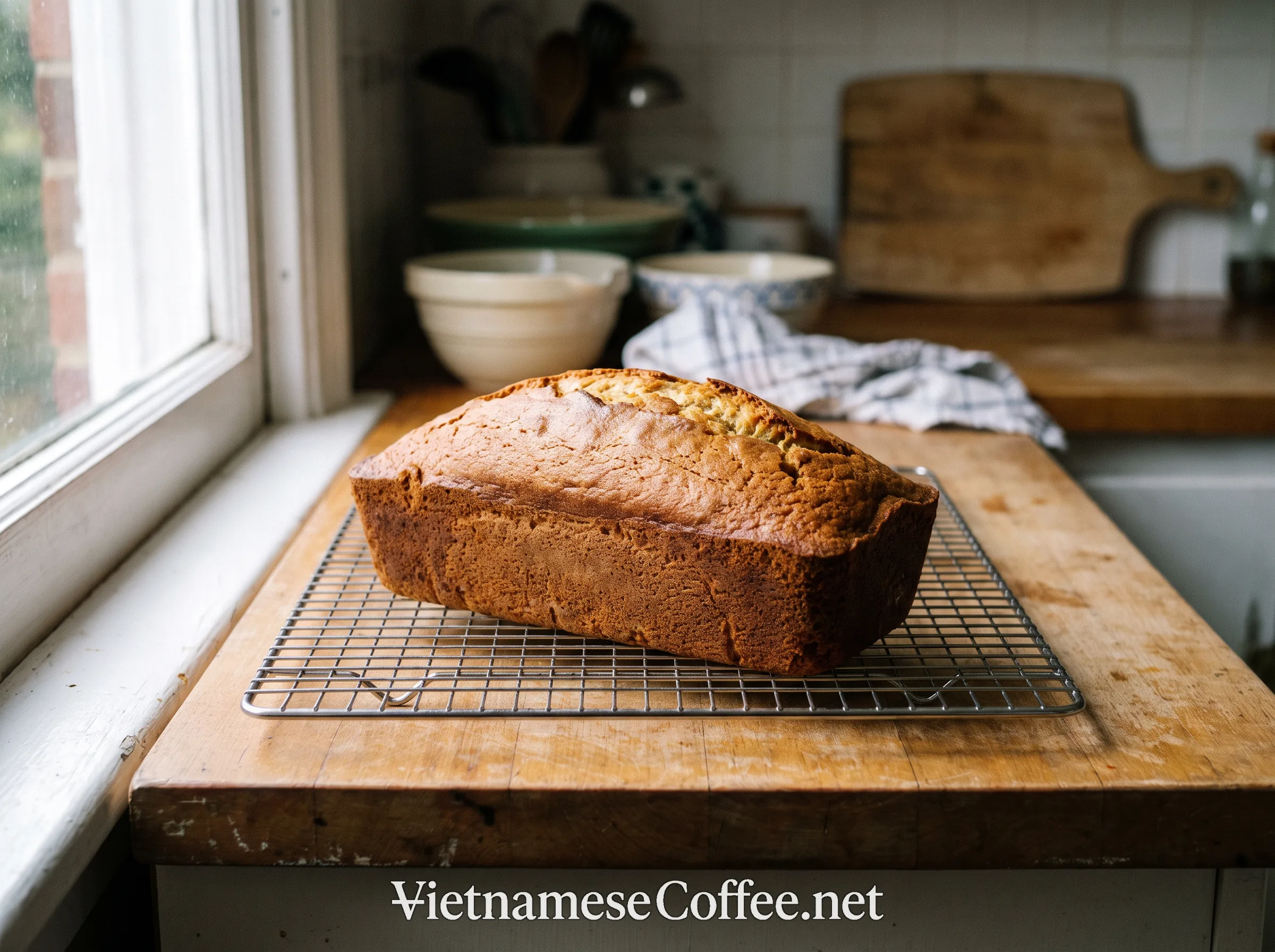 A baked Vietnamese coffee loaf cake cooling on a wire rack