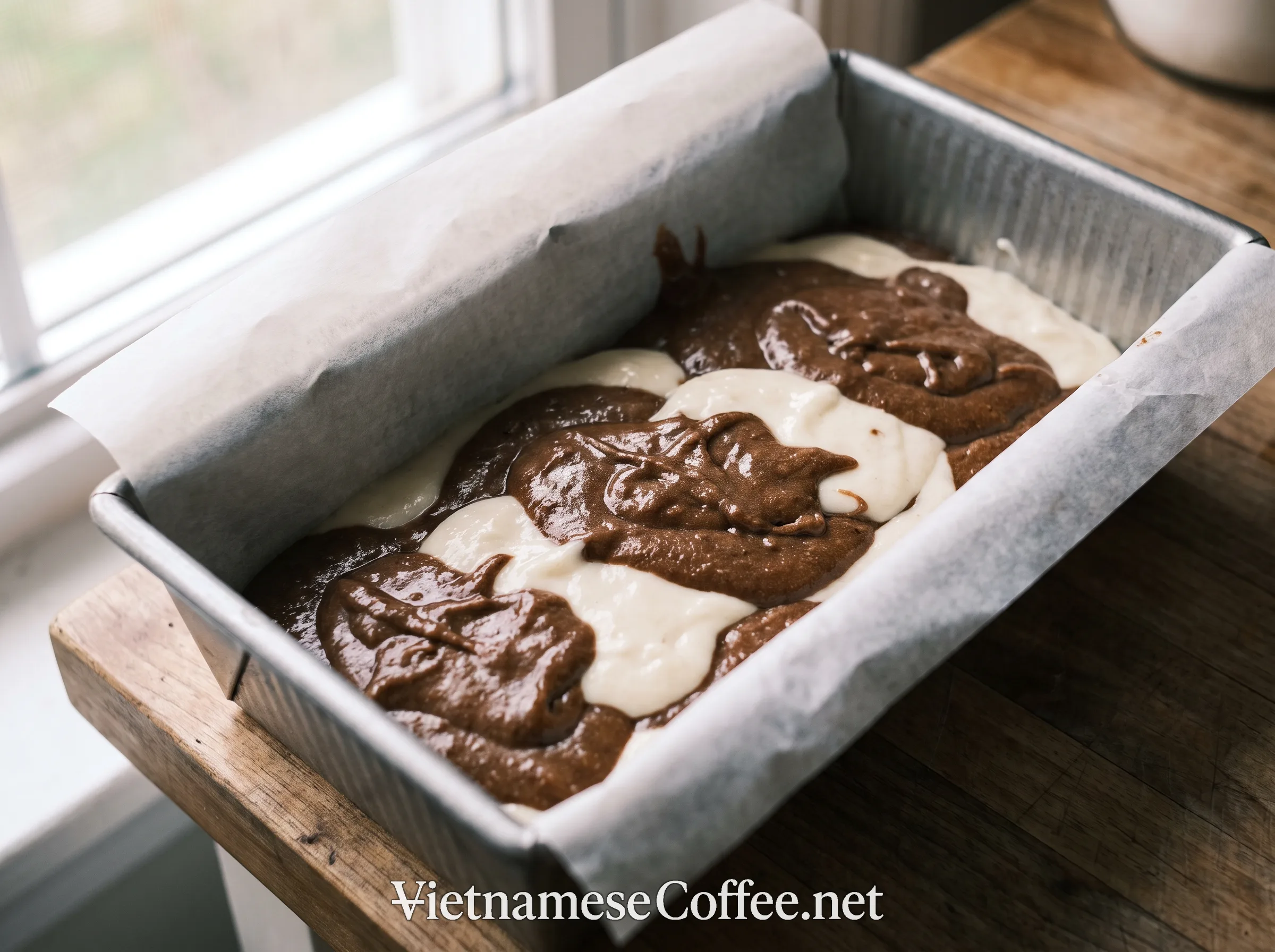 Coffee and vanilla batter being layered into a loaf tin