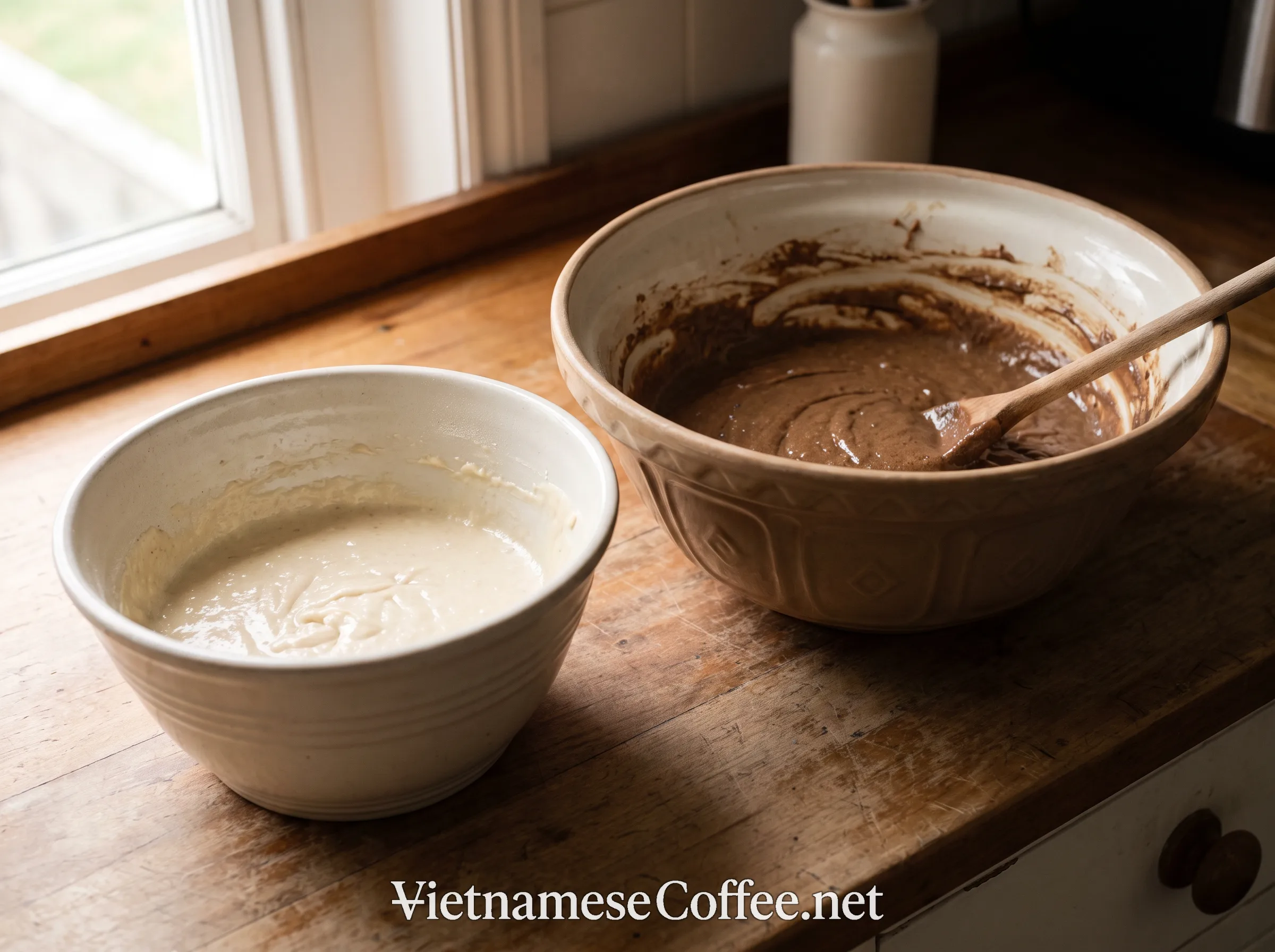 Coffee batter and vanilla batter in two separate mixing bowls