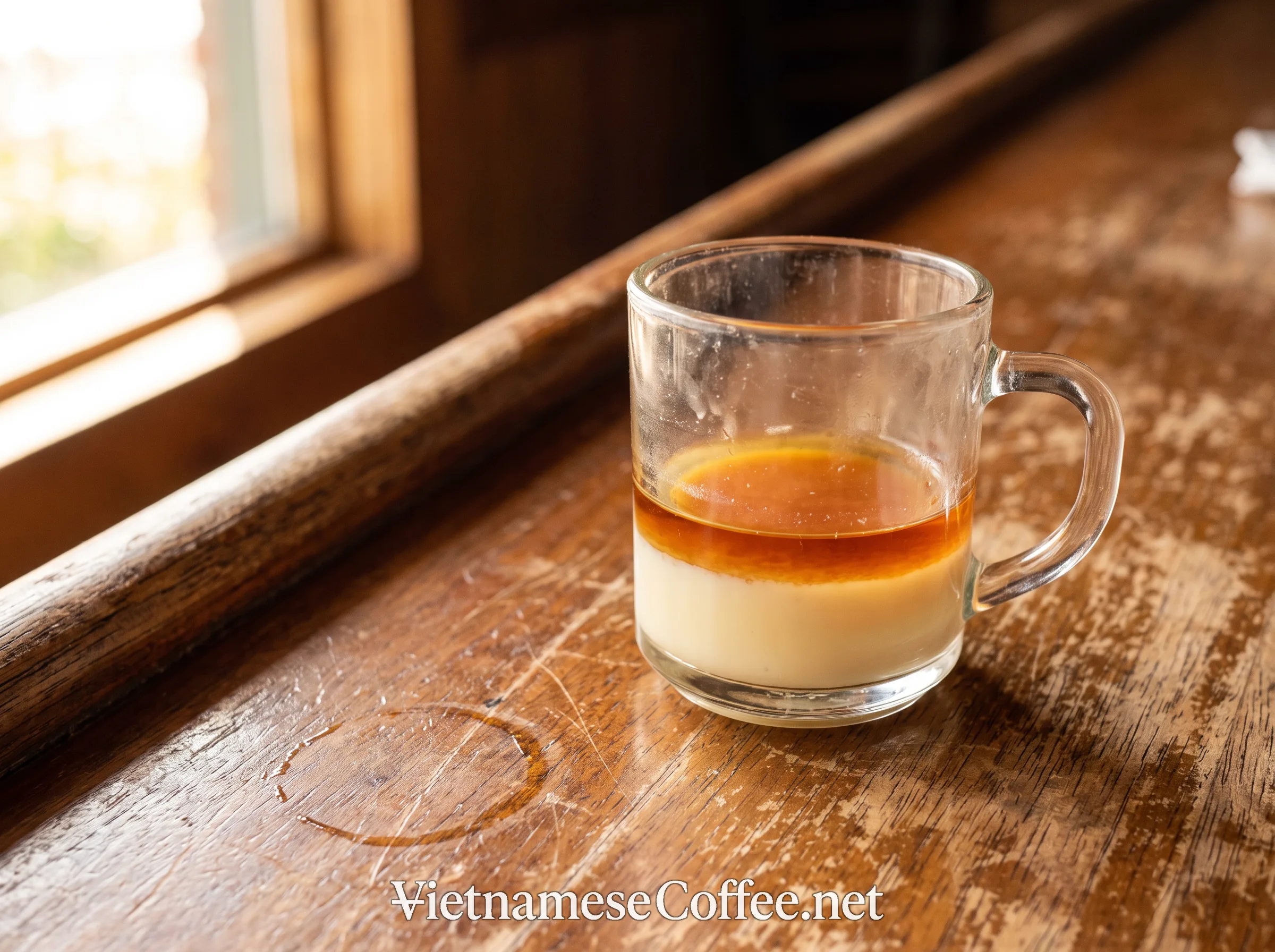 Condensed milk and rum optionally layered in a glass mug before hot coffee is added