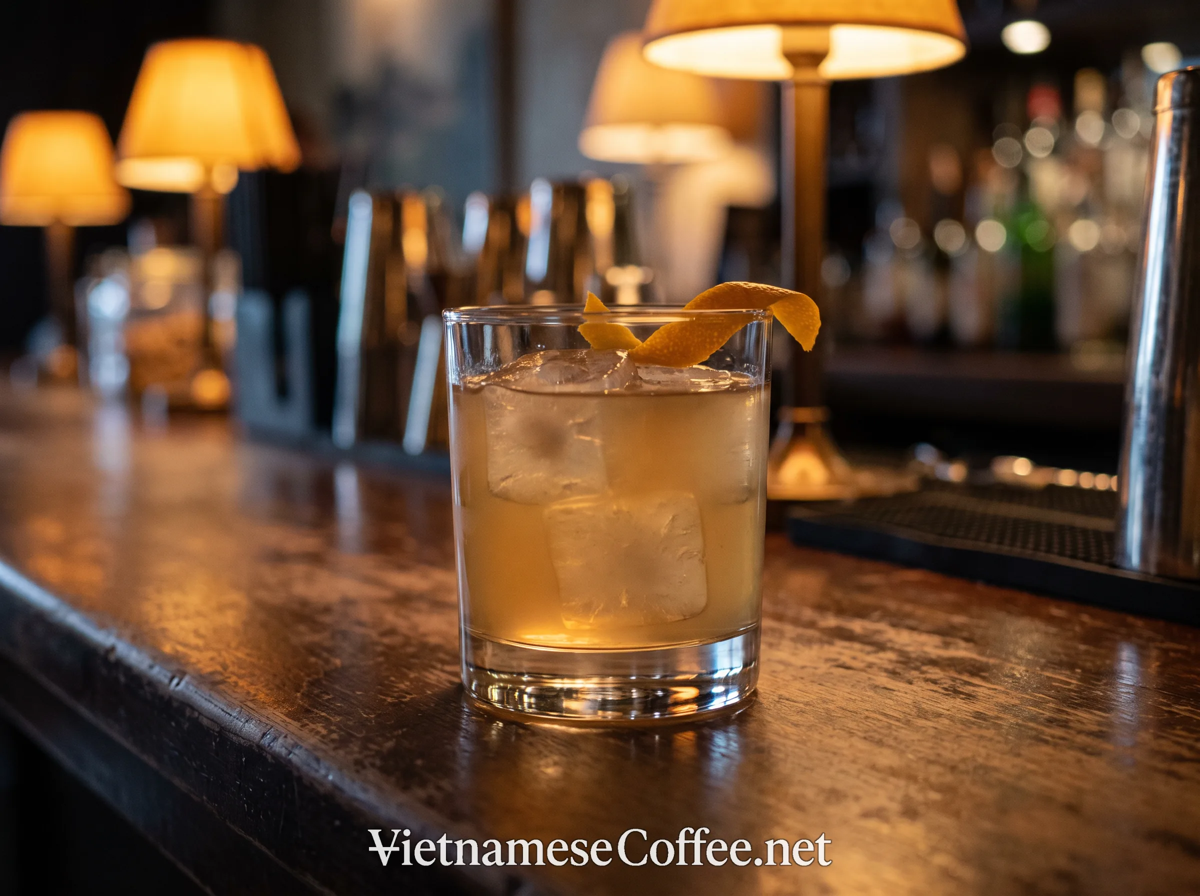 A whiskey Vietnamese iced coffee cocktail in a rocks glass with orange zest