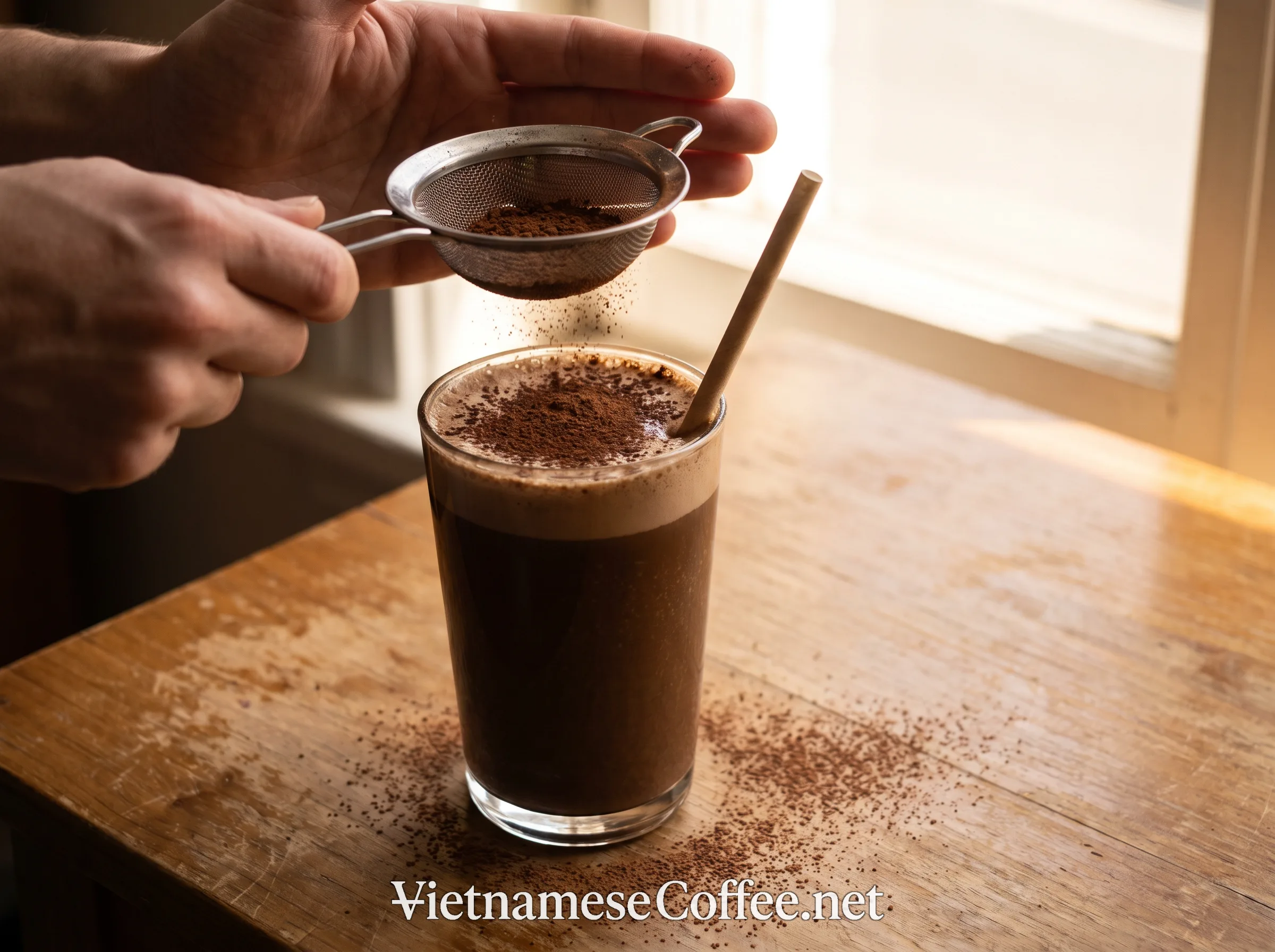 Cocoa powder being dusted over a finished Vietnamese coffee smoothie