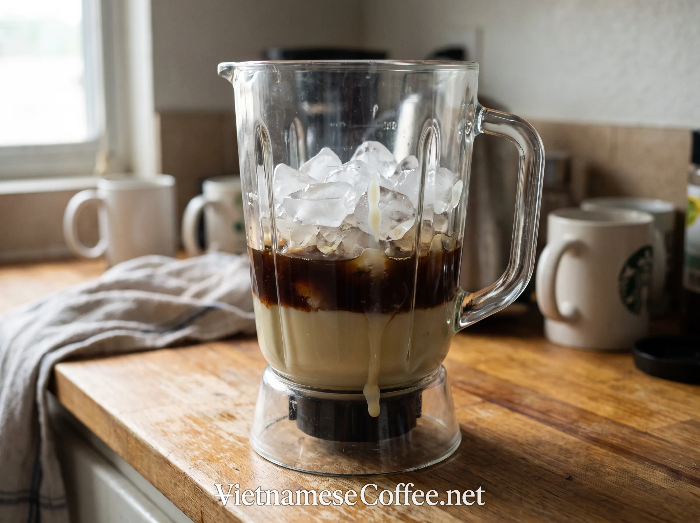 Coffee, condensed milk, and ice in a blender jar before blending
