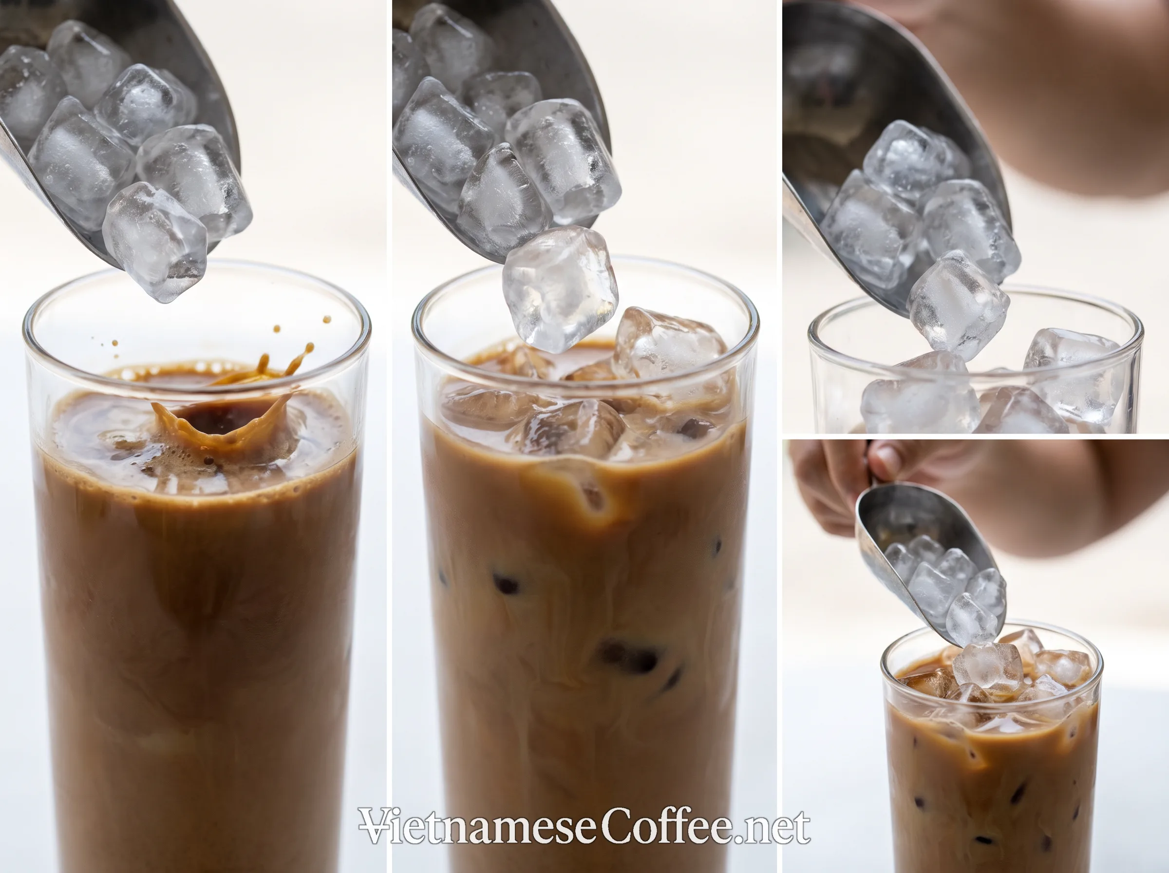 Ice being poured into a glass of stirred Vietnamese coffee