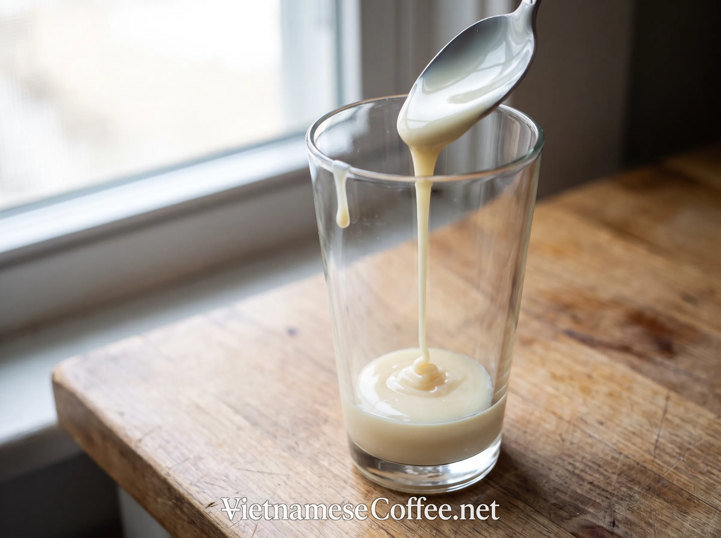 Sweetened condensed milk being spooned into the bottom of a glass
